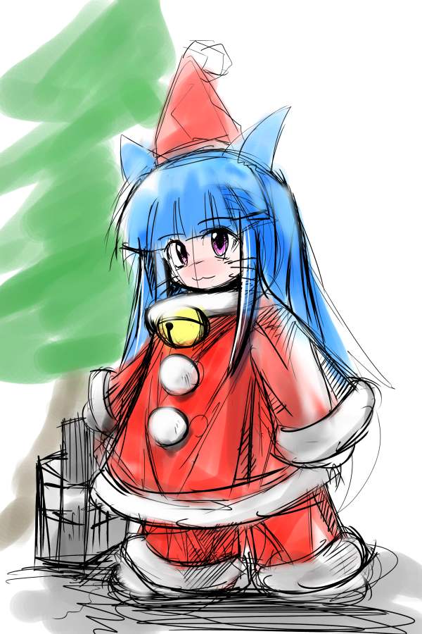 higurashi no naku koro ni, 00s, bell, blue hair, box, christmas, hat, purple eyes, santa costume, tree