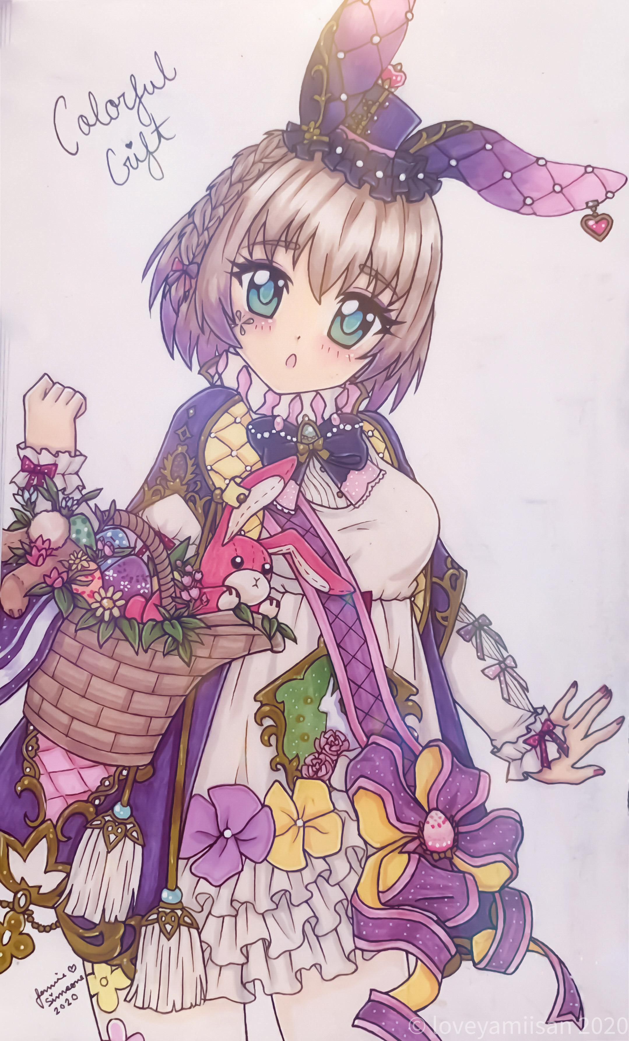 miracle nikki, nikki (series), absurdres, commentary, english commentary, highres, traditional media, 1girl, 2020, :o, animal ear headwear, animal ears, aqua eyes, aqua pupils, basket, bow, bowtie, braid, brown hair, character name, coat, colorful gift (miracle nikki), cowboy shot, dot nose, dress, dress flower, easter, easter egg, egg, expressionless, eyelashes, fake animal ears, floral print, flower, frilled dress, frilled headwear, frilled sleeves, frills, hair between eyes, hair bow, hat, head tilt, heart, instagram username, large ears, layered sleeves, light blush, long sleeves, looking at viewer, mini hat, mini top hat, nail polish, neck ruff, open clothes, open coat, open mouth, pantyhose, pink bow, pink nails, purple bow, purple bowtie, purple coat, purple flower, purple hat, purple sash, rabbit ears, red bow, sash, short dress, short hair, short over long sleeves, short sleeves, side braid, signature, single braid, sleeve bow, sleeves past wrists, solo, standing, stuffed animal, stuffed rabbit, stuffed toy, tareme, top hat, watermark, white dress, white pantyhose, yamisaan, yellow flower