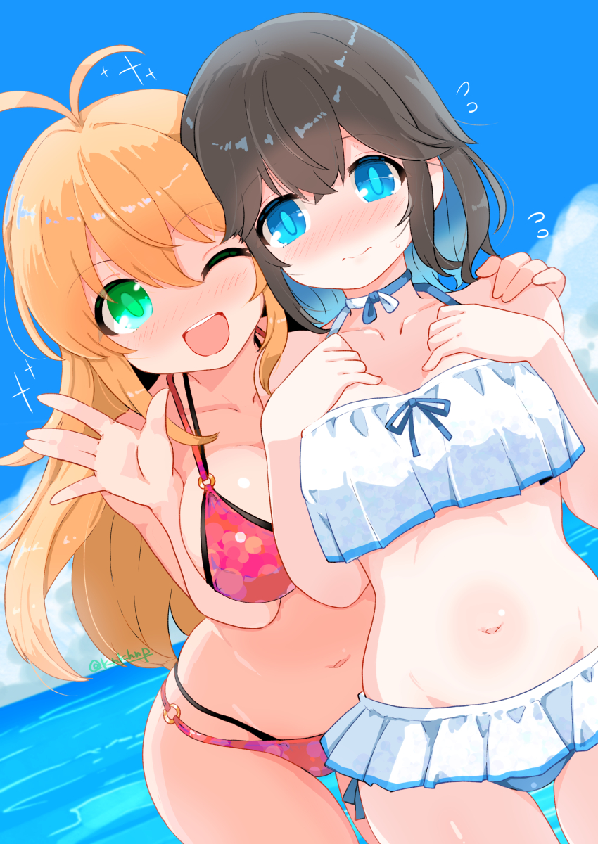 kanoe soushi, miyamai moca, tsurumaki maki, voicepeak, voiceroid, commentary, highres, 2girls, antenna hair, bikini, bikini skirt, blonde hair, blue eyes, blue hair, blue sky, blush, breasts, brown hair, closed mouth, cloud, day, flying sweatdrops, hair between eyes, hands on own chest, long hair, looking at viewer, multicolored hair, multiple girls, o-ring, o-ring bikini, one eye closed, open mouth, outdoors, red bikini, sky, sparkle, swimsuit, water, white bikini