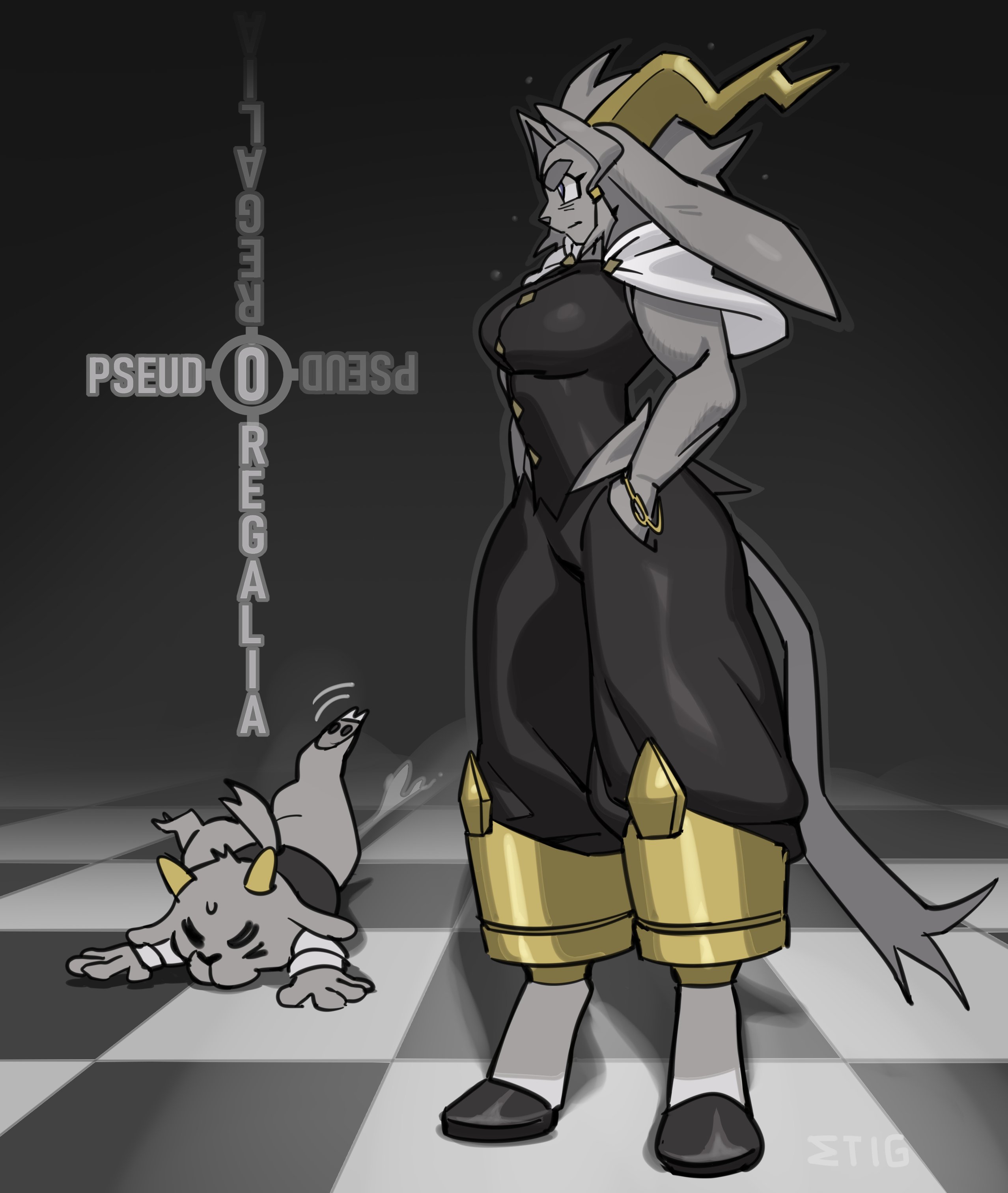 butler (pseudoregalia), sybil (pseudoregalia), pseudoregalia, absurdres, artist request, highres, 1girl, adapted costume, angry, black background, breasts, copyright logo, falling, full body, gold, grey fur, hands in pockets, hooves, horns, large breasts, muscular, muscular female, pants, serious, size difference, tall female