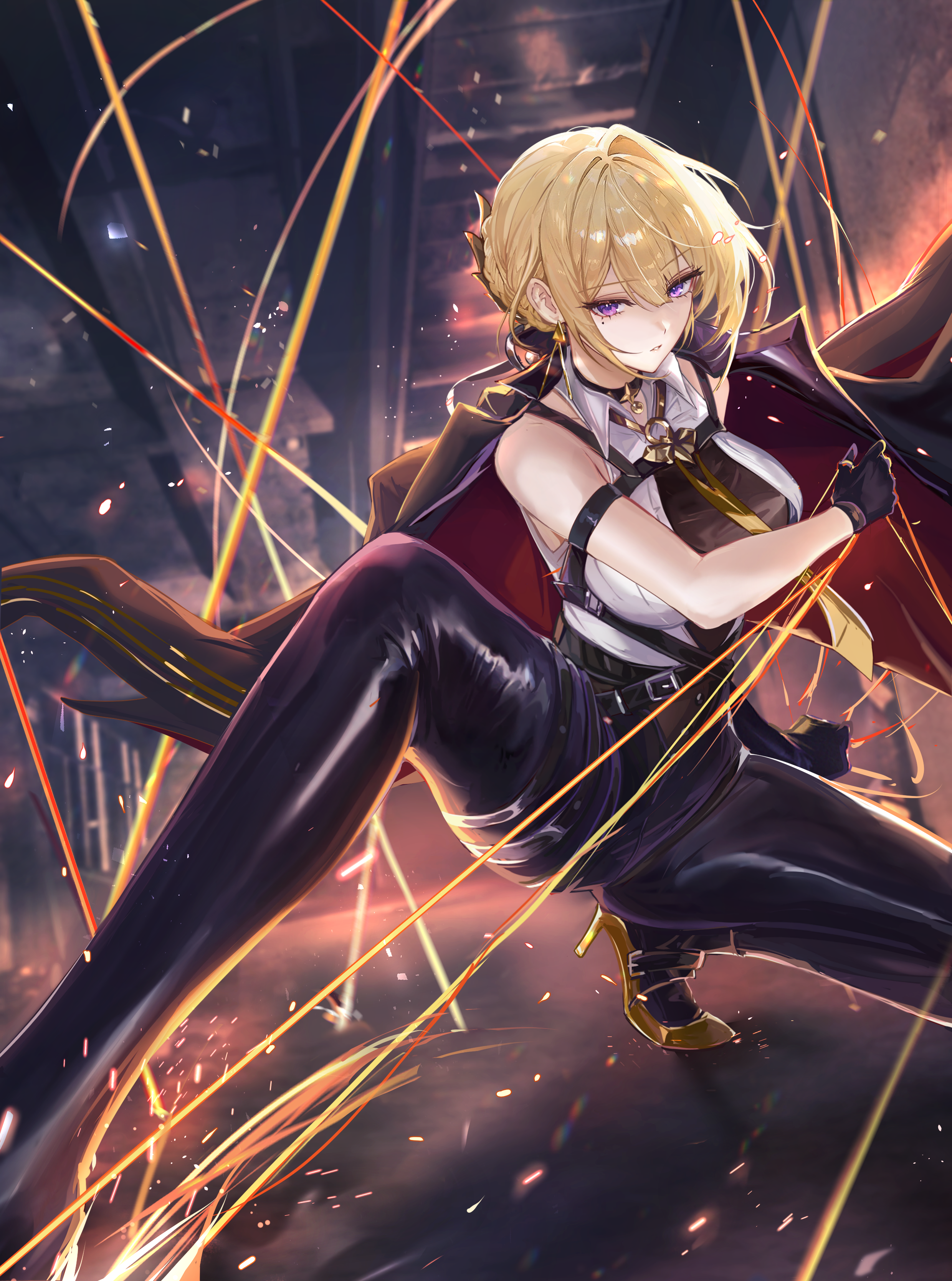 vardan, evelyn chevalier, zenless zone zero, absurdres, commentary, highres, 1girl, arm strap, bare shoulders, black choker, black gloves, black jacket, black pants, blonde hair, breasts, choker, collared shirt, dynamic pose, earrings, gloves, high-waist pants, high heels, jacket, jacket on shoulders, jewelry, large breasts, looking at viewer, mole, mole under eye, necktie, pants, parted lips, purple eyes, ring hair ornament, shirt, shirt tucked in, short hair, sleeveless, sleeveless shirt, solo, tight clothes, tight pants, white shirt, yellow necktie