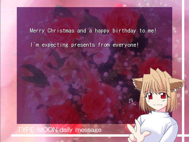 takeuchi takashi, arcueid brunestud, tsukihime, game cg, 00s, 1girl, birthday, blonde hair, christmas, female focus, solo, sweater
