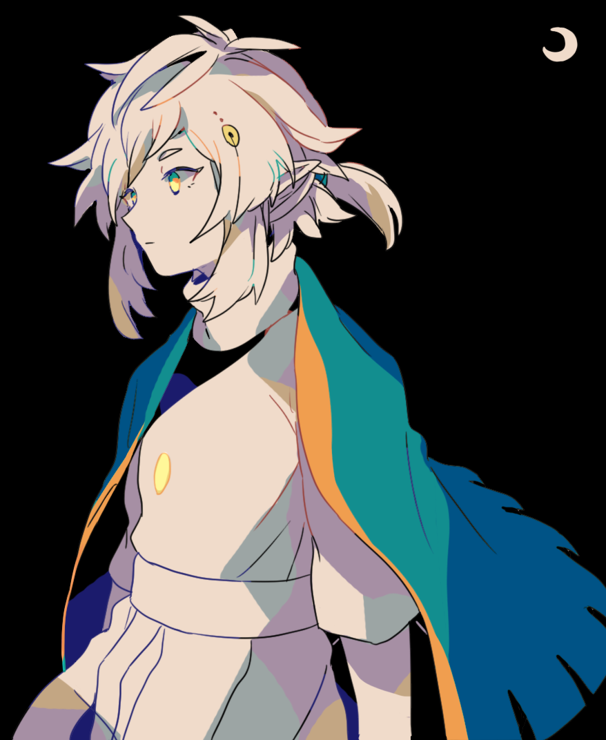 mizuki tsukimori, sky child, sky: children of the light, commentary request, 1girl, arms at sides, black background, cape, closed mouth, expressionless, limited palette, long sleeves, looking ahead, pointy ears, ponytail, short hair, sidelocks, solo, turtleneck, upper body, yellow eyes