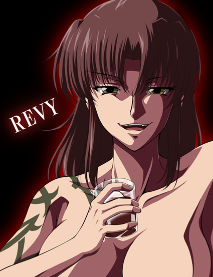 revy (black lagoon), black lagoon, 00s, 1girl, breasts, cleavage, drink, female focus, large breasts, solo, tattoo, topless female