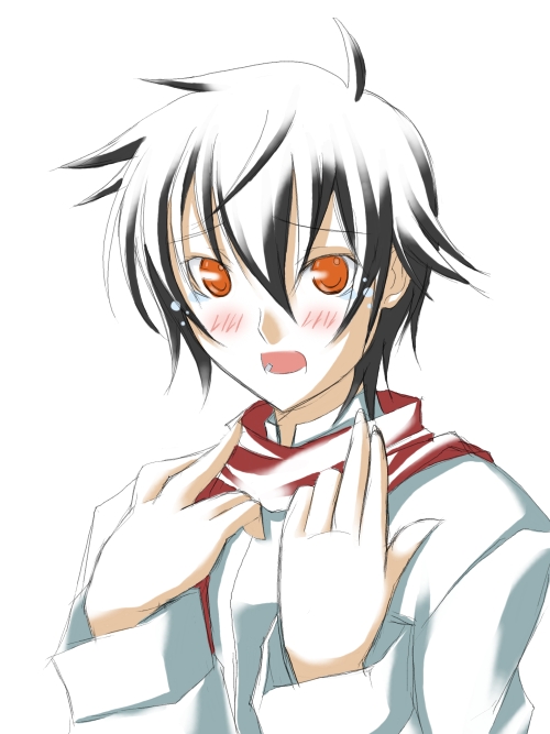 ribi, setsuna f. seiei, gundam, gundam 00, 00s, 1boy, black hair, blush, embarrassed, long sleeves, looking at viewer, male focus, orange eyes, scarf, simple background, solo, sweater, white background
