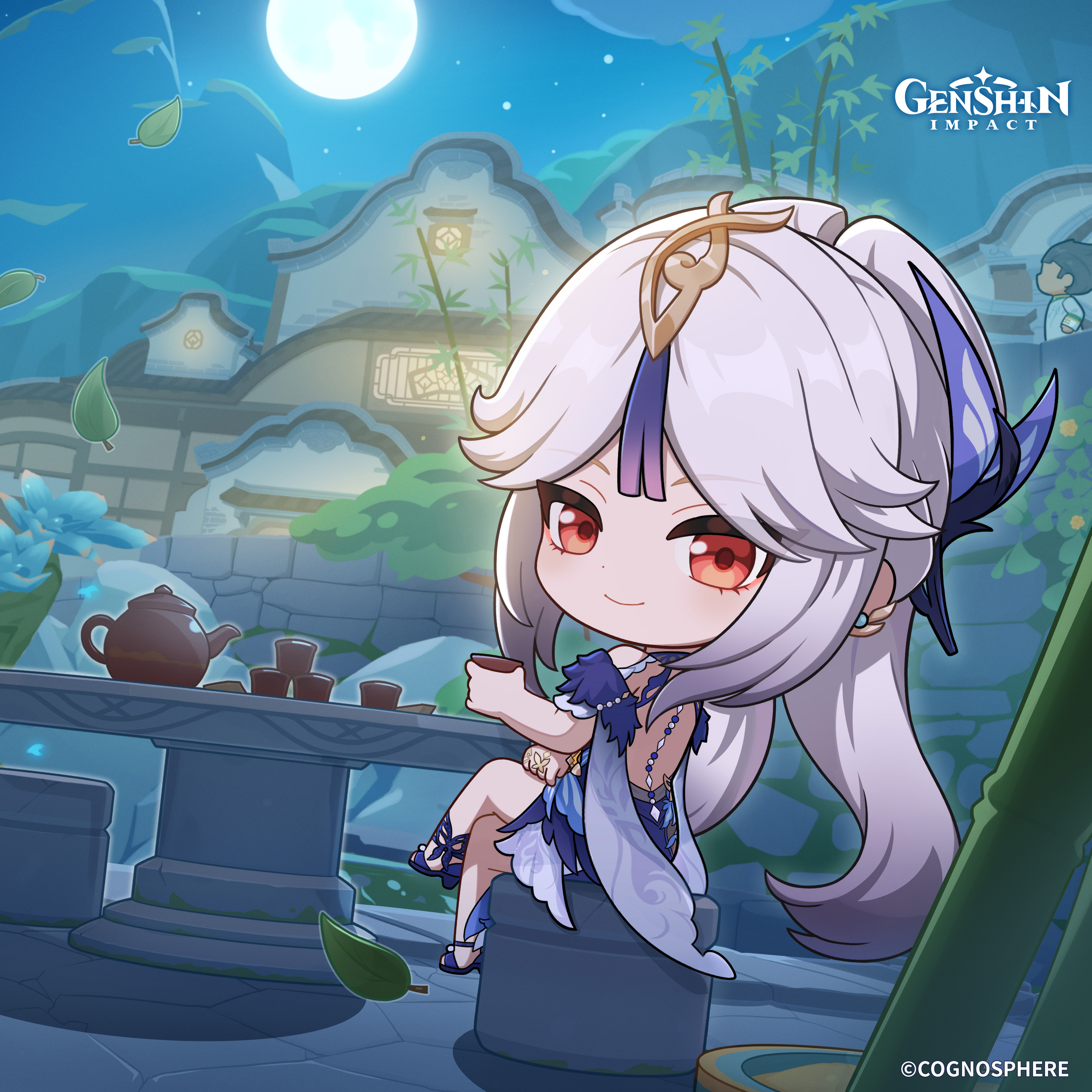ningguang (genshin impact), ningguang (orchid's evening gown) (genshin impact), genshin impact, absurdres, commentary, english commentary, highres, official art, 1boy, 1girl, backless dress, backless outfit, bamboo, building, chibi, closed mouth, copyright name, crossed legs, cup, dot nose, dress, earrings, faceless, faceless male, falling leaves, from behind, full moon, grey hair, hair ornament, high heels, holding, holding cup, jewelry, leaf, long hair, looking back, moon, night, night sky, outdoors, purple dress, sitting, sky, table, teapot, tree, very long hair