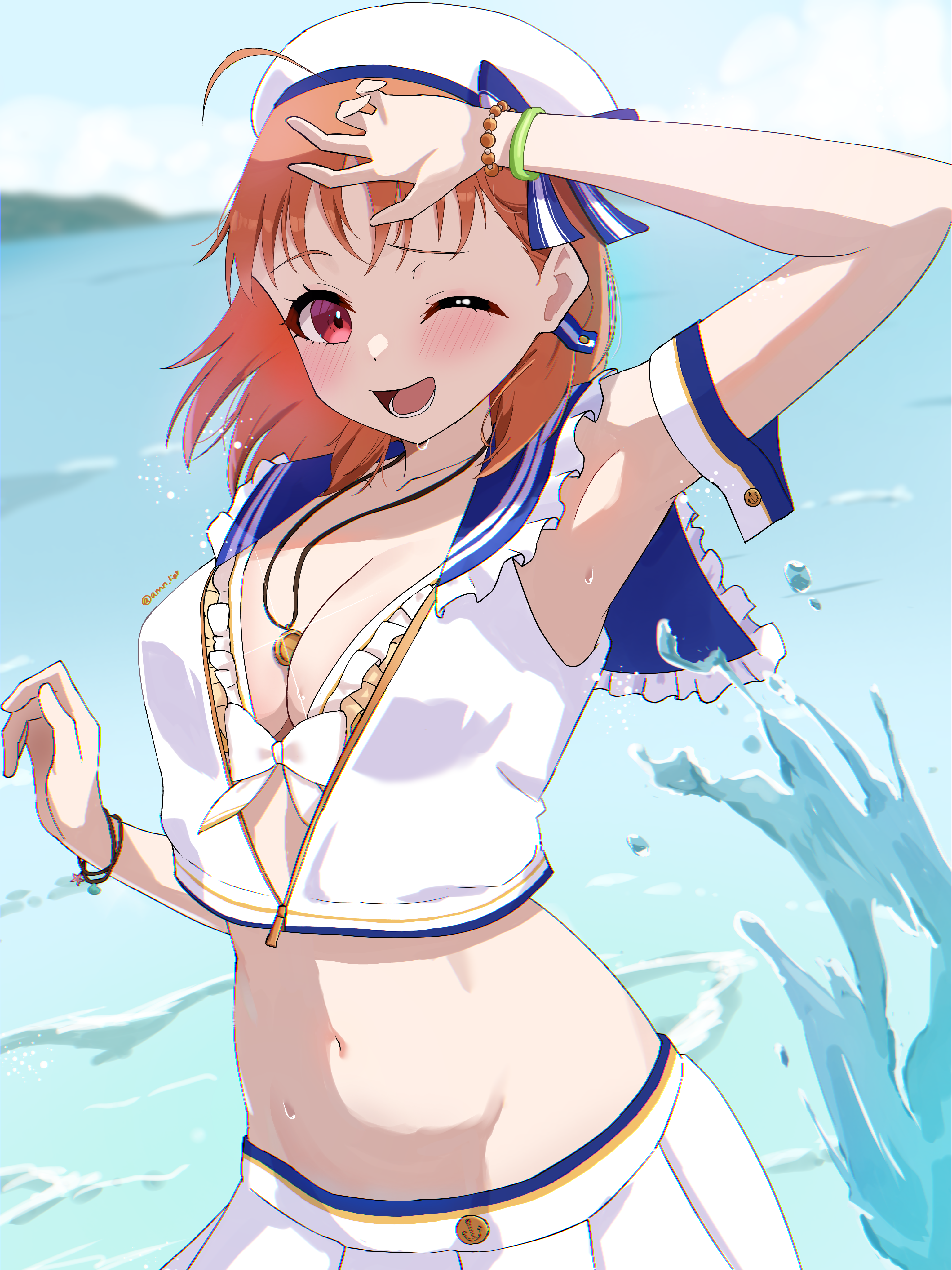 takami chika, love live!, love live! sunshine!!, absurdres, commentary, highres, 1girl, ;d, ahoge, amano lier, armpits, beret, bikini, bikini under clothes, blush, bow, bow bikini, breasts, cleavage, frilled bikini, frills, hat, large breasts, looking at viewer, lower teeth only, medium hair, necklace between breasts, official alternate costume, one eye closed, open clothes, open mouth, open shirt, orange hair, outdoors, pleated skirt, red eyes, sailor collar, sailor shirt, shirt, skirt, sleeveless, sleeveless shirt, smile, solo, swimsuit, teeth, twitter username, upper body, white hat, white shirt, white skirt, yellow bikini