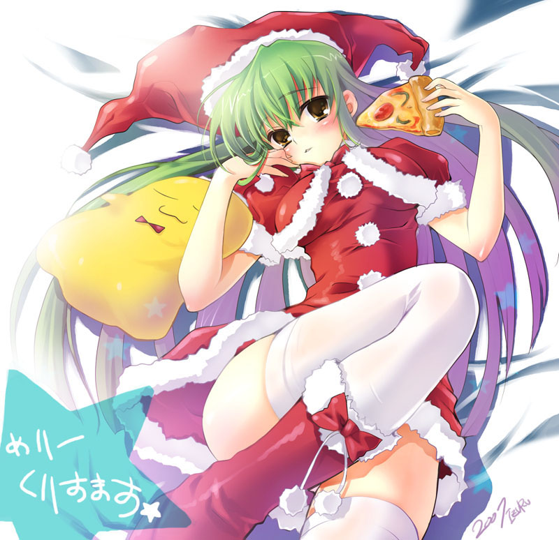 nekou izuru, c.c., cheese-kun, code geass, pizza hut, 00s, 1girl, blush, christmas, female focus, food, green hair, long hair, pizza, santa costume, solo, thighhighs, yellow eyes