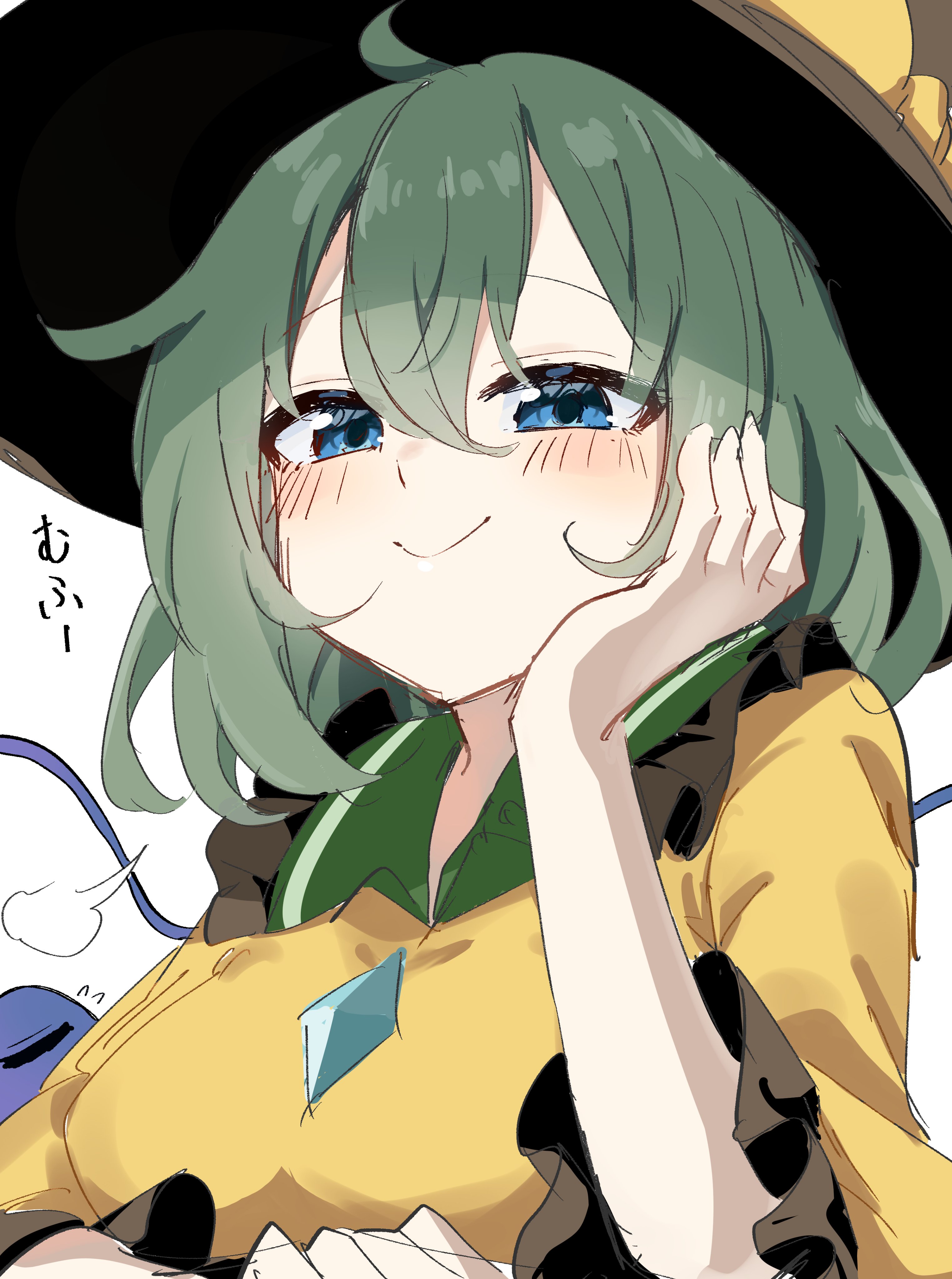 koroyarou, komeiji koishi, touhou, absurdres, commentary request, highres, translation request, black hat, blue eyes, blush, bow, buttons, closed mouth, diamond button, double-parted bangs, grey hair, hair between eyes, hat, hat bow, head rest, long sleeves, looking at viewer, medium hair, puffy sleeves, shirt, smile, third eye, upper body, white background, yellow bow, yellow shirt