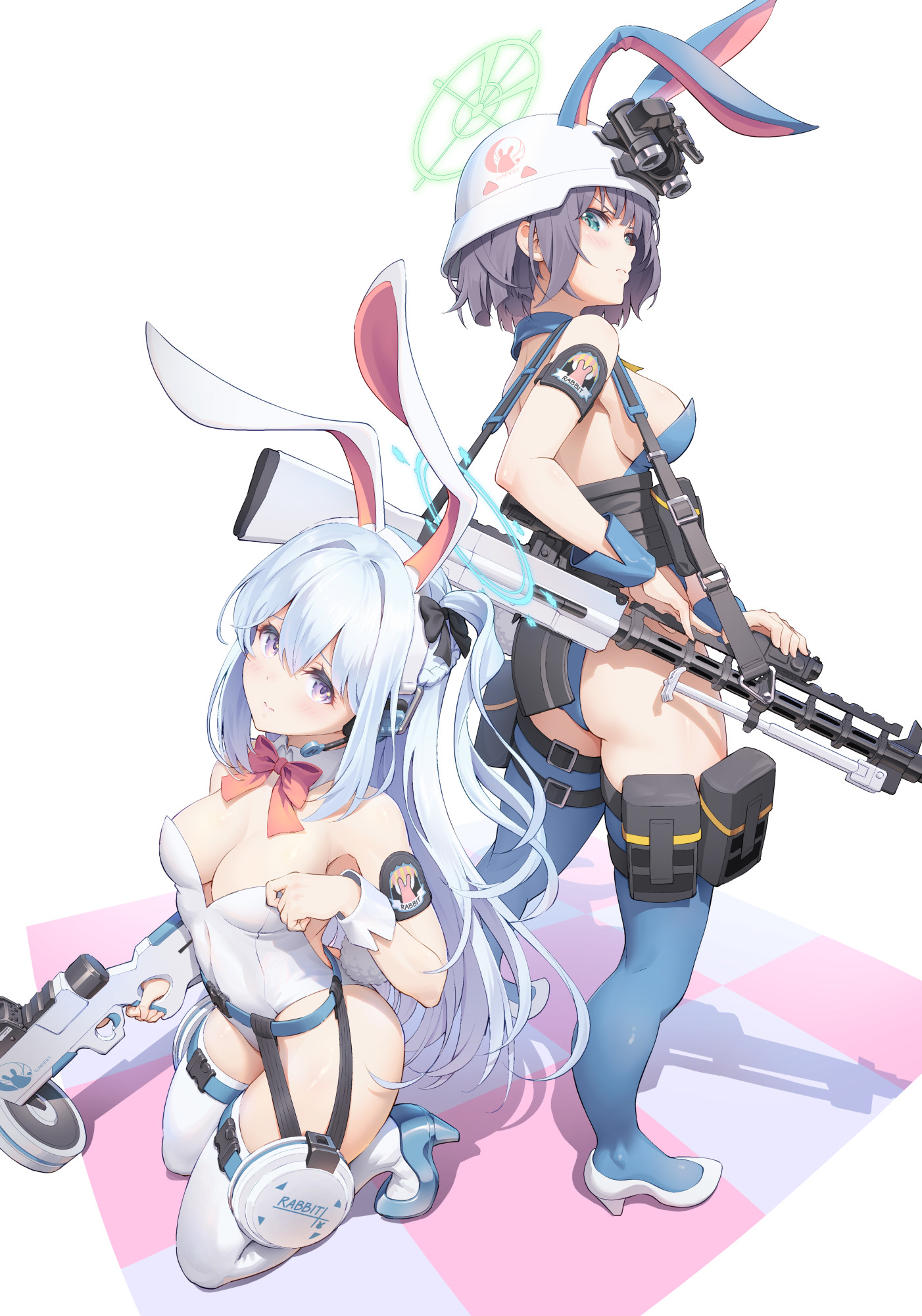 pinakes, miyako (blue archive), saki (blue archive), blue archive, highres, 2girls, animal ears, blue eyes, blue halo, blush, breasts, combat helmet, green halo, gun, halo, helmet, lahti-saloranta m/26, leotard, long hair, looking at viewer, medium breasts, multiple girls, night vision device, playboy bunny, purple eyes, purple hair, rabbit ears, short hair, stahlhelm, submachine gun, suomi kp/-31, weapon, white hair