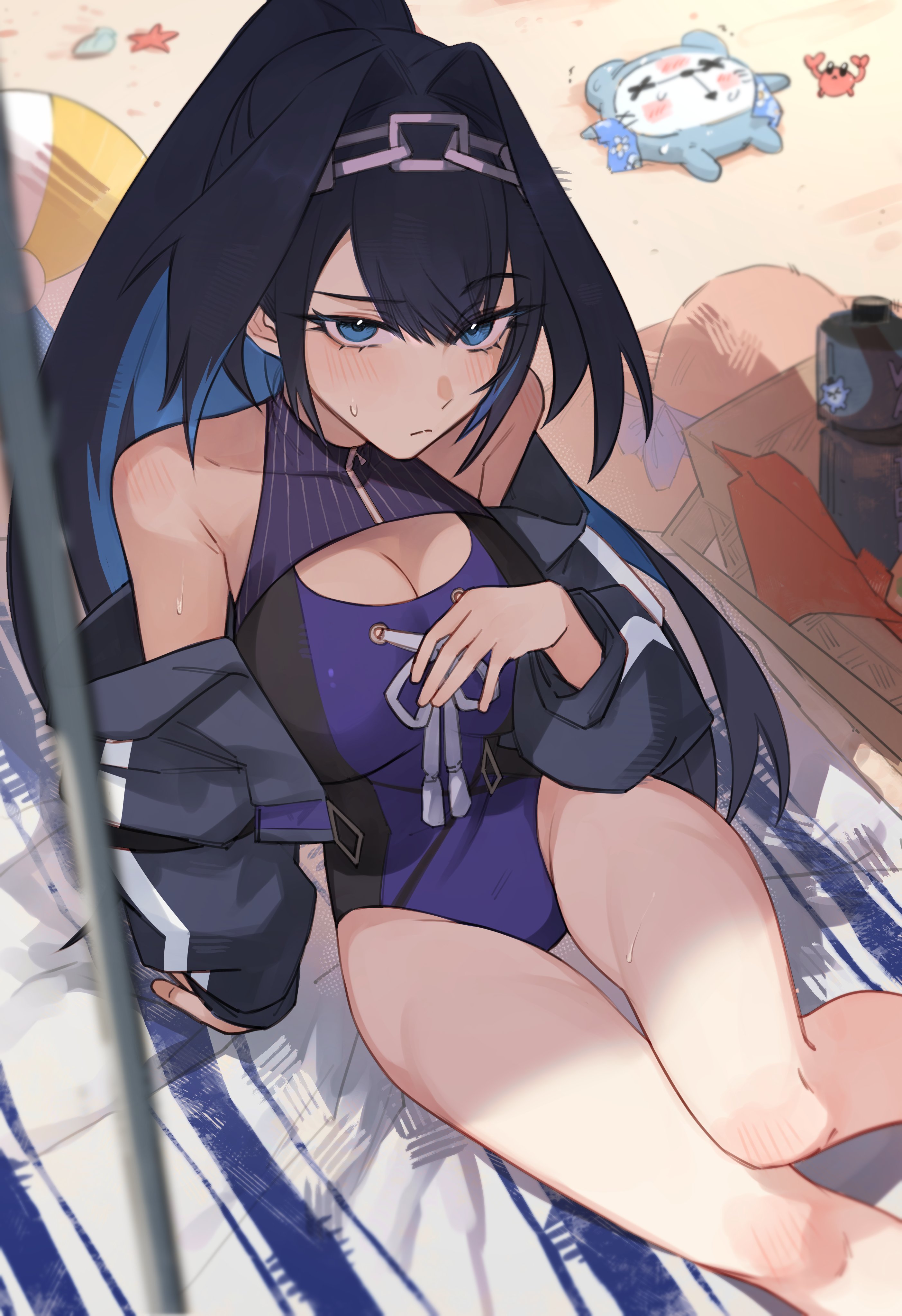 hunk 404, kronie (ouro kronii), ouro kronii, ouro kronii (holonatsu paradise), hololive, hololive english, holonatsu paradise, absurdres, commentary, english commentary, highres, 1girl, arm support, beach, black hair, black jacket, blue eyes, blue hair, blue one-piece swimsuit, breasts, chain, chain headband, cleavage, cleavage cutout, closed mouth, clothing cutout, colored inner hair, crab, day, hair intakes, hand up, jacket, large breasts, long hair, long sleeves, looking at viewer, multicolored hair, off shoulder, official alternate costume, official alternate hairstyle, one-piece swimsuit, outdoors, ponytail, sitting, solo, starfish, swimsuit, virtual youtuber
