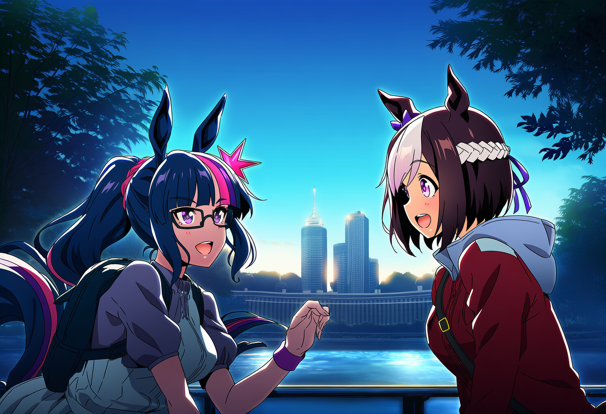 special week (umamusume), twilight sparkle, my little pony, my little pony: friendship is magic, umamusume, ai-generated, 2girls, animal ears, backpack, bag, brown hair, building, glasses, hair ornament, horse ears, horse girl, horse tail, humanization, multicolored hair, multiple girls, pink hair, ponytail, purple eyes, purple hair, purple ribbon, ribbon, scrunchie, skyscraper, star (symbol), star hair ornament, tail, white hair, wristband