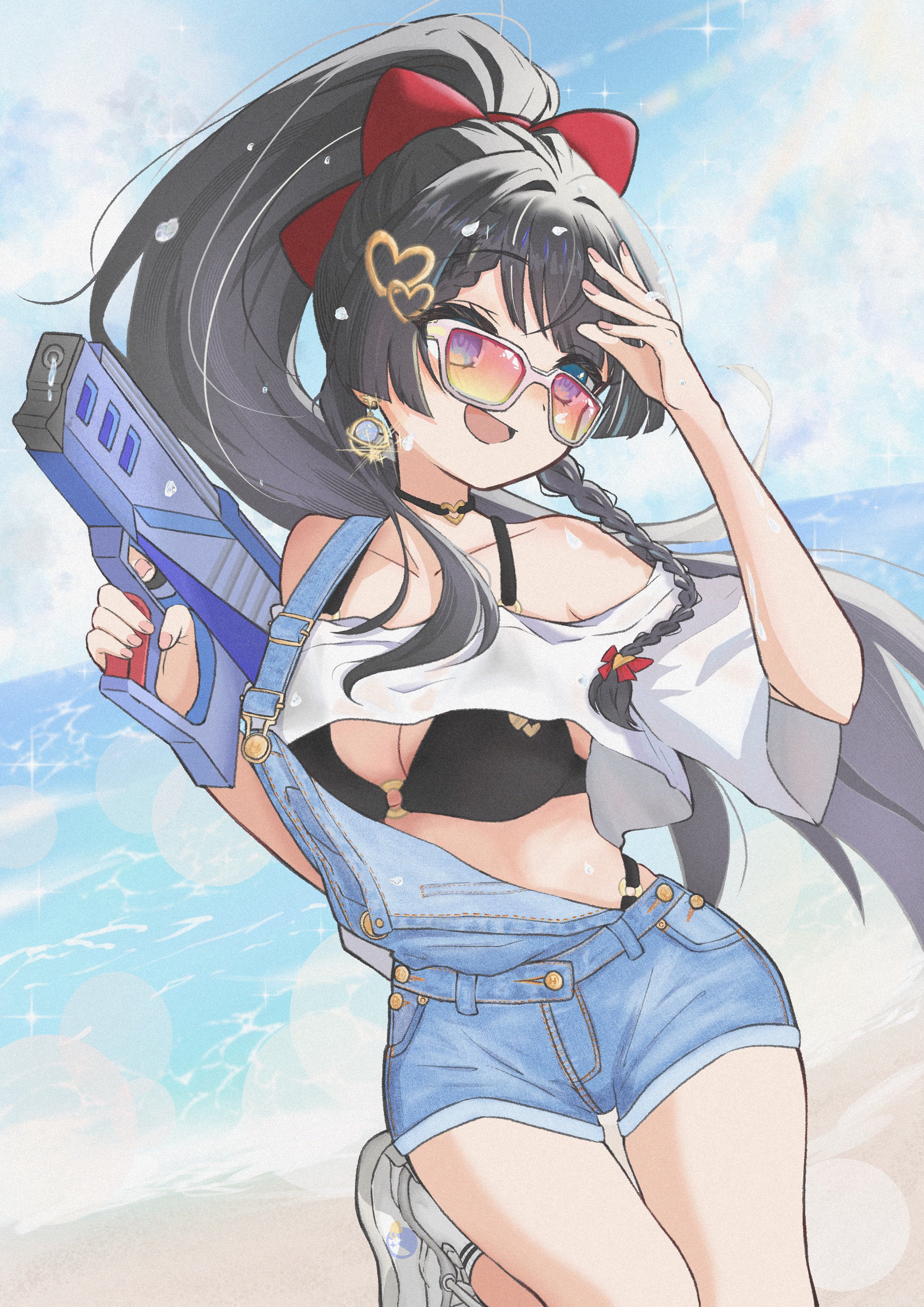chaeeunhan124, shirayuki hina, stellive, absurdres, commentary request, highres, korean commentary, 1girl, beach, bikini, black bikini, black choker, black hair, bow, braid, braided bangs, breasts, choker, cleavage, cropped shirt, crossed bangs, day, denim overalls, earrings, eyelashes, film grain, floating clothes, foot out of frame, foot up, hair bow, hair intakes, hair ornament, hands up, heart, heart choker, heart hair ornament, holding, holding water gun, horizon, jewelry, large breasts, long hair, multicolored eyes, ocean, off-shoulder shirt, off shoulder, open mouth, orange-tinted eyewear, outdoors, overall shorts, overalls, parted bangs, ponytail, red bow, shirt, smile, solo, sparkle, standing, swimsuit, tinted eyewear, virtual youtuber, water, water gun, white-framed eyewear, white shirt