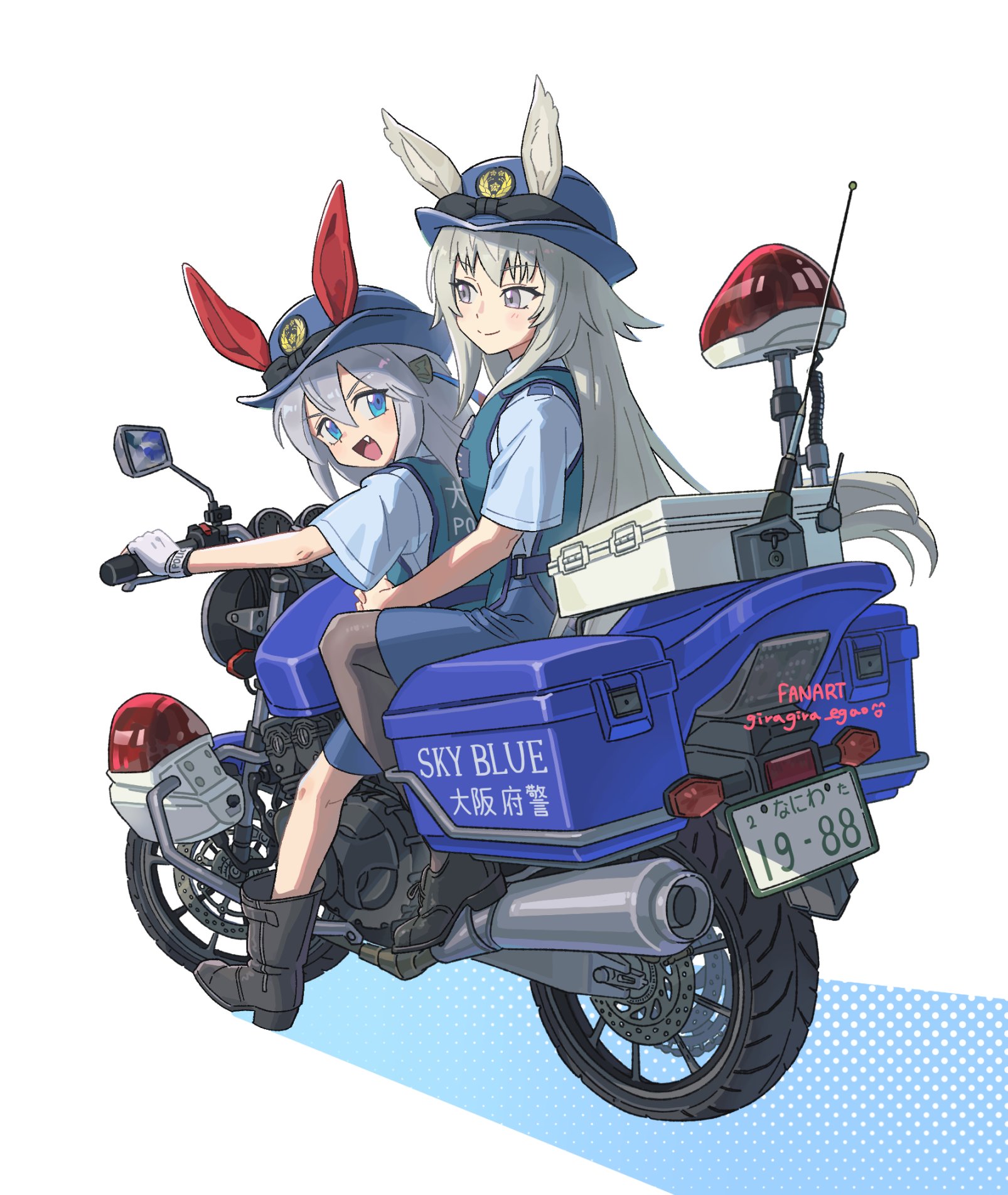 oguri cap (umamusume), tamamo cross (umamusume), umamusume, umamusume: cinderella gray, highres, 2girls, animal ears, arms around waist, black boots, black pantyhose, blue eyes, blue shirt, blue skirt, blue vest, blush, boots, box, closed mouth, ear covers, ears through headwear, fang, giragira egao, gloves, grey hair, hair between eyes, hat, horse ears, horse girl, horse tail, japan national police, license plate, long hair, looking at viewer, motor vehicle, multiple girls, nail polish, open mouth, pantyhose, pencil skirt, police, police hat, police motorcycle, police uniform, policewoman, radio antenna, shirt, short sleeves, skirt, smile, tail, very long hair, vest, white gloves