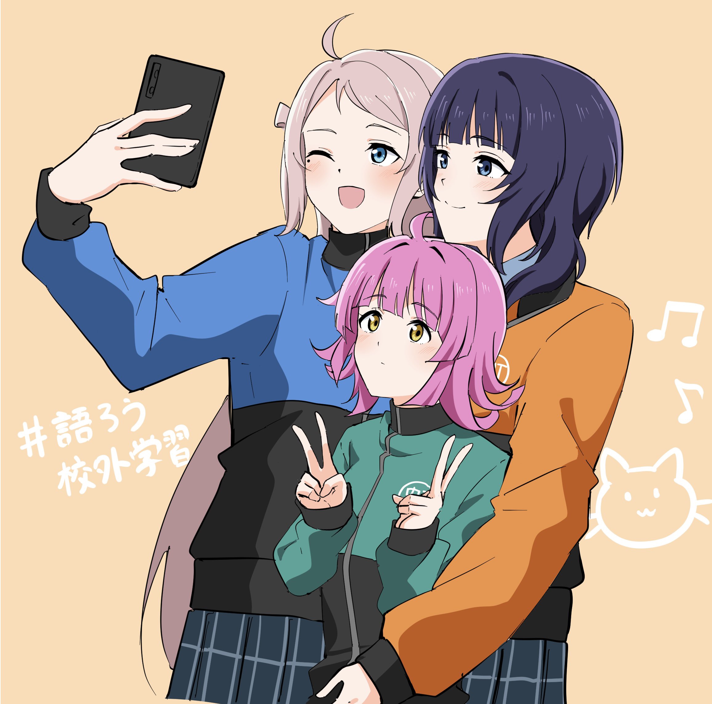 89ru0, asaka karin, tennoji rina, zhong lanzhu, love live!, love live! nijigasaki high school idol club, commentary request, highres, translation request, 3girls, ;d, ahoge, beamed eighth notes, blue eyes, blue jacket, blue skirt, blunt bangs, blunt ends, closed mouth, cowboy shot, double v, eighth note, expressionless, green jacket, hashtag, jacket, kishimen hair, long sleeves, medium hair, miniskirt, mole, mole under eye, multiple girls, musical note, nijigasaki track jacket, one eye closed, open mouth, orange background, orange jacket, pink hair, pleated skirt, purple hair, selfie, simple background, skirt, smile, split mouth, track jacket, two side up, upper body, v