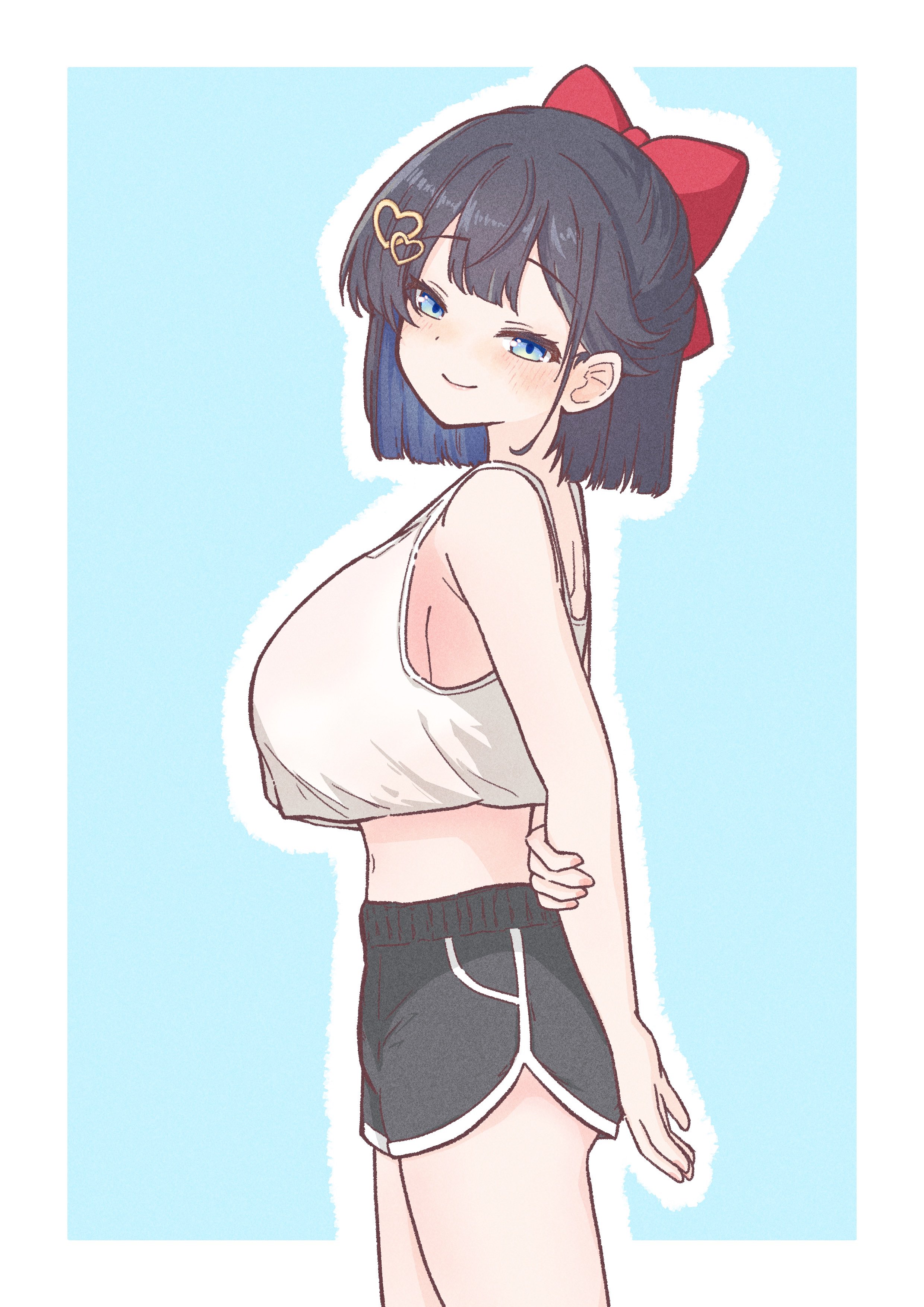 chaeeunhan124, shirayuki hina, stellive, absurdres, commentary request, highres, korean commentary, 1girl, aqua background, arm at side, black hair, black shorts, blue eyes, blush, border, bow, breasts, center-flap bangs, closed mouth, cowboy shot, crop top, crop top overhang, dolphin shorts, dot nose, double-parted bangs, film grain, from side, hair bow, hair ornament, hand on own elbow, heart, heart hair ornament, large breasts, looking at viewer, looking to the side, medium hair, navel, outline, outside border, red bow, short shorts, shorts, smile, solo, standing, tank top, turning head, virtual youtuber, white border, white outline, white tank top