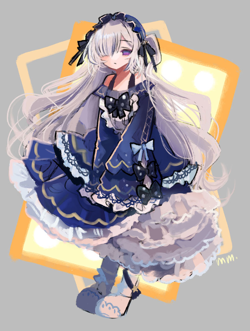 natsume anan, mahou shoujo no majo saiban, commentary request, commission, skeb commission, 1girl, blue dress, blue hairband, closed mouth, crescent, crescent necklace, dress, frilled dress, frills, full body, gothic lolita, grey background, grey hair, hair over one eye, hairband, jewelry, lolita fashion, lolita hairband, long hair, long sleeves, looking at viewer, magical girl, musica musica, necklace, one side up, purple eyes, sleeves past fingers, sleeves past wrists, solo, standing, very long hair