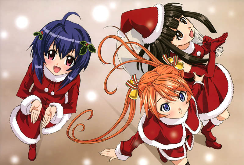 kagurazaka asuna, konoe konoka, miyazaki nodoka, mahou sensei negima!, artist request, 00s, 3girls, ahoge, bell, blue eyes, blue hair, brown eyes, brown hair, christmas, hair ornament, hair ribbon, hat, long hair, mistletoe, multiple girls, orange hair, pink eyes, ribbon, santa hat, short hair, snow, snowflakes