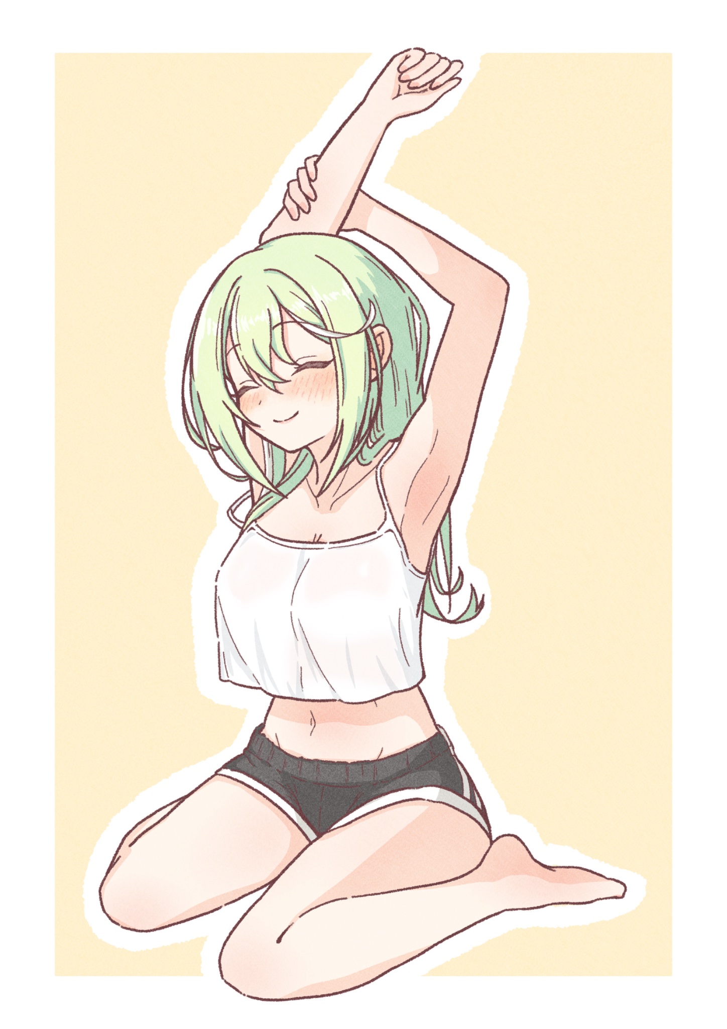 chaeeunhan124, yuzuha riko, stellive, commentary request, highres, korean commentary, 1girl, armpits, arms up, black shorts, border, camisole, closed eyes, closed mouth, crop top, crop top overhang, dot nose, double-parted bangs, full body, green hair, hair between eyes, long bangs, long hair, midriff, navel, outline, short shorts, shorts, simple background, sitting, smile, solo, stretching, virtual youtuber, wariza, white border, white camisole, white outline, yellow background