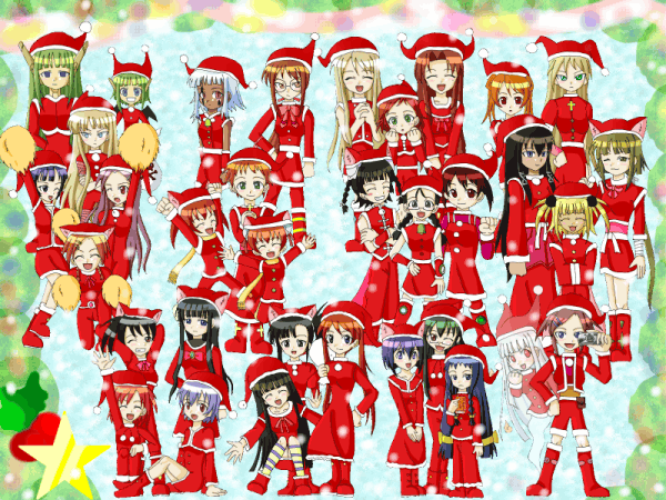 aisaka sayo, akashi yuuna, asakura kazumi, ayase yue, chachazero, chao lingshen, evangeline a.k. mcdowell, hakase satomi, hasegawa chisame, izumi ako, kagurazaka asuna, kakizaki misa, karakuri chachamaru, kasuga misora, konoe konoka, kufei, kugimiya madoka, miyazaki nodoka, murakami natsumi (negima), naba chizuru, nagase kaede, narutaki fumika, narutaki fuuka, ookouchi akira, sakura mei, sakurazaki setsuna, saotome haruna, sasaki makie, shiina sakurako, takane d goodman, tatsumiya mana, yotsuba satsuki, yukihiro ayaka, zazie rainyday, mahou sensei negima!, looking away, artist request, 00s, 6+girls, animal ears, arm up, arms behind head, arms up, bag, bandages, bare shoulders, black eyes, black hair, blonde hair, blue eyes, blue hair, blush, boots, braid, breasts, brown eyes, brown hair, camera, carrying, cat ears, cheering, christmas, closed eyes, coat, cross, crossed arms, crucifix, dark-skinned female, dark skin, double bun, dress, facial mark, fake animal ears, floating, fur-trimmed dress, fur trim, ghost, ghost tail, glasses, green eyes, green hair, grin, group picture, hair bun, hair ribbon, hair up, hand on own hip, happy, hat, heterochromia, hime cut, holding, holding bag, holly, hovering, juice box, leaf, long hair, looking at another, looking at viewer, looking to the side, matching hair/eyes, multiple girls, one eye closed, open mouth, orange hair, outstretched arms, own hands clasped, own hands together, pants, plant, pom pom (cheerleading), ponytail, purple eyes, purple hair, red dress, red eyes, red hair, ribbon, santa costume, santa hat, scarf, shoes, short hair, shorts, side ponytail, sitting, skirt, smile, spread arms, squatting, standing, star (symbol), transparent, twintails, very long hair, vest, waving, white hair, wink, yellow scarf