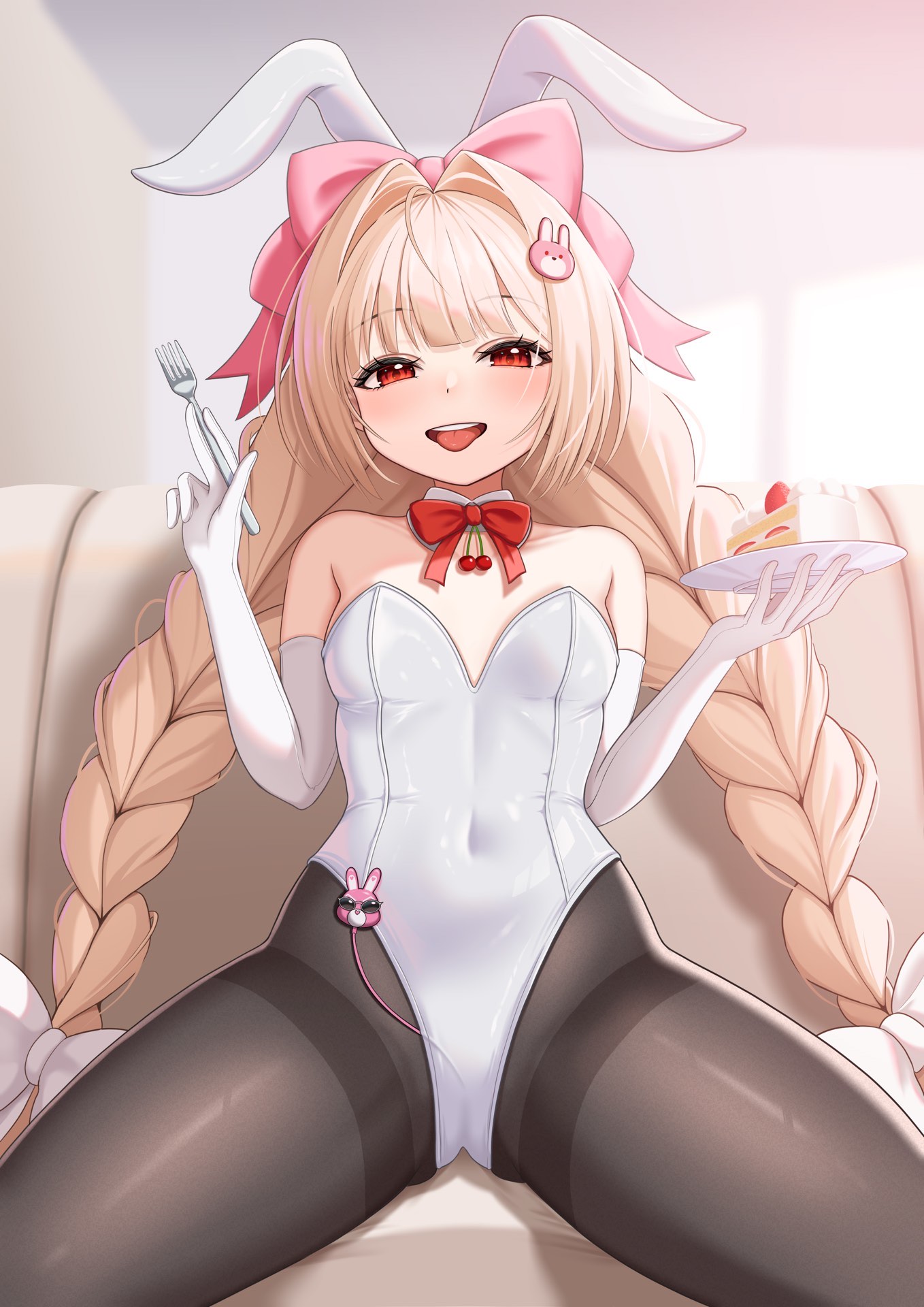nishinokyo, crust (nikke), goddess of victory: nikke, highres, 1girl, animal ears, blonde hair, blush, bow, bowtie, braid, breasts, cake, cake slice, cherry, couch, covered navel, detached collar, elbow gloves, fake animal ears, food, fork, fruit, gloves, hair bow, hair intakes, hair ornament, half-closed eyes, hands up, holding, holding cake, holding food, holding fork, indoors, leotard, long hair, looking at viewer, on couch, open mouth, pantyhose, pink bow, playboy bunny, rabbit ears, rabbit hair ornament, red bow, red bowtie, red eyes, sex toy, sitting, small breasts, solo, strapless, strapless leotard, strawberry cake, tongue, tongue out, twin braids, very long hair, vibrator, vibrator cord, white bow, white gloves, white leotard