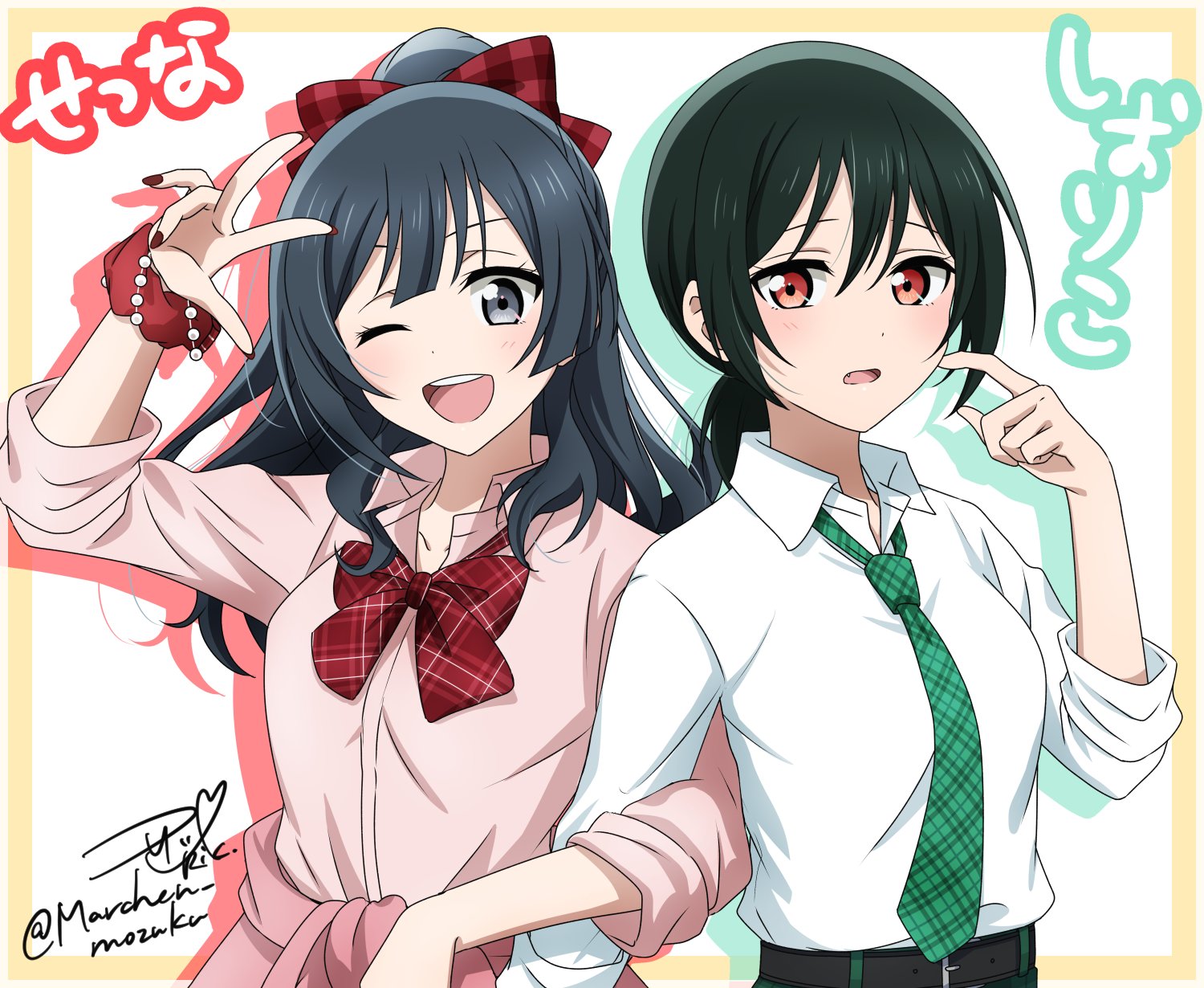 ric. (marchen mozuku), mifune shioriko, takasaki yu, yuki setsuna, love live!, love live! nijigasaki high school idol club, commentary request, highres, 2girls, ;d, anime coloring, black hair, border, bow, bowtie, breasts, character name, collared shirt, cosplay, crossdressing, crossdressing (ftm), dress shirt, fang, green necktie, grey eyes, gyaru, gyarugasaki, kogal, locked arms, long hair, low ponytail, medium breasts, medium hair, multiple girls, necktie, one eye closed, open mouth, outside border, pink shirt, plaid bow, plaid bowtie, plaid clothes, plaid necktie, ponytail, red bow, red bowtie, school uniform, shirt, signature, simple background, sleeves rolled up, smile, takasaki yu (cosplay), teeth, twitter username, upper teeth only, w, white background, white shirt, yellow border