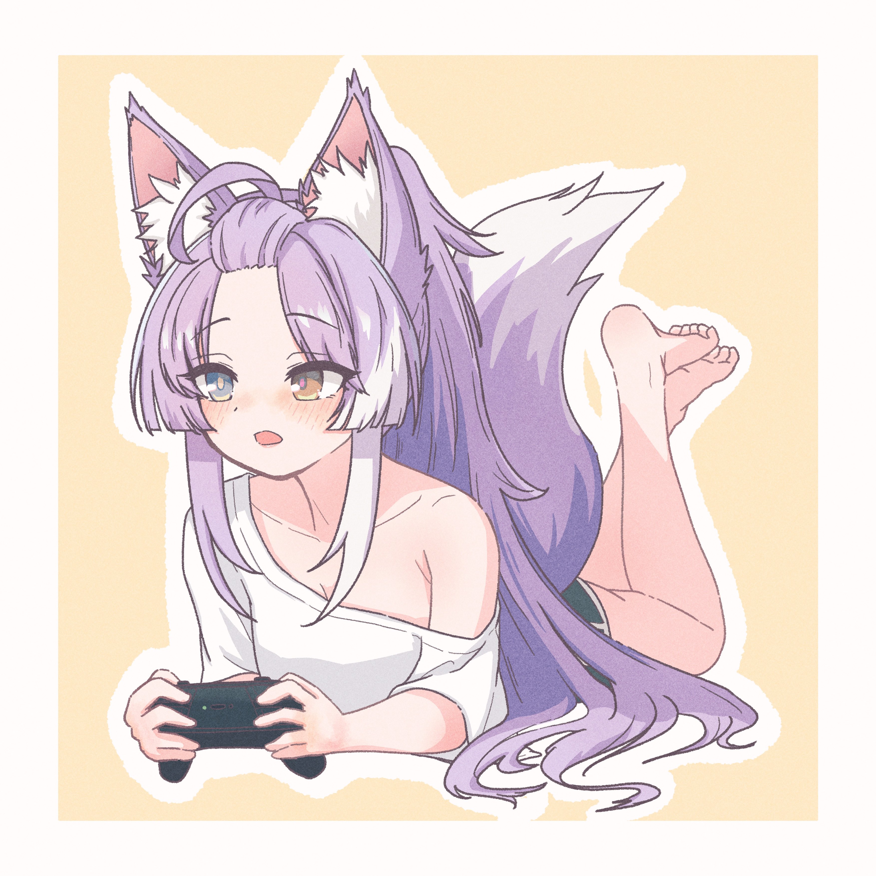 chaeeunhan124, tenko shibuki, stellive, absurdres, commentary request, highres, korean commentary, variant set, 1girl, ahoge, animal ear fluff, animal ears, armpit crease, bangs pinned back, barefoot, blue eyes, blush, border, collarbone, controller, dot nose, forehead, foreshortening, full body, game controller, hair spread out, heterochromia, holding, holding controller, holding game controller, legs up, long hair, lying, off-shoulder shirt, off shoulder, on stomach, open mouth, orange background, orange eyes, outline, purple hair, shirt, short sleeves, simple background, single bare shoulder, solo, tail, virtual youtuber, white border, white outline, white shirt