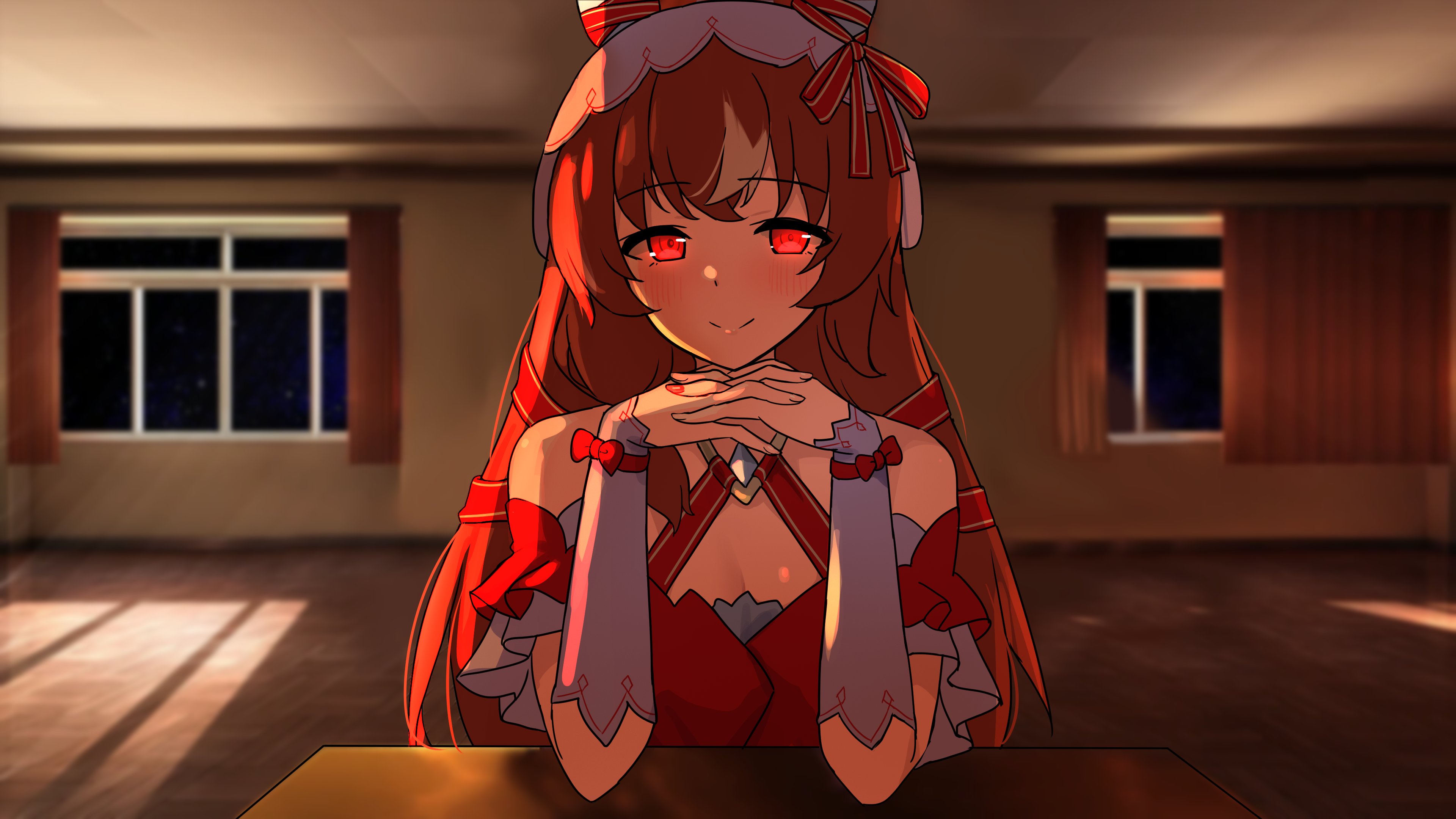 kibihimi, still in love (umamusume), doki doki literature club, umamusume, absurdres, commentary request, highres, variant set, 1girl, animal ears, blush, brown hair, head rest, horse ears, horse girl, interlocked fingers, just monika (meme), long hair, looking at viewer, meme, parody, red eyes, red nails, smile, solo, upper body