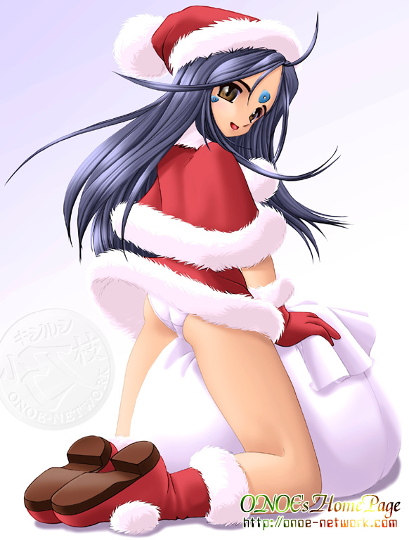 onoe, skuld (aa megami-sama), aa megami-sama, 1girl, ass, blue hair, brown eyes, christmas, facial mark, female focus, forehead mark, hat, long hair, panties, santa costume, santa hat, solo, underwear