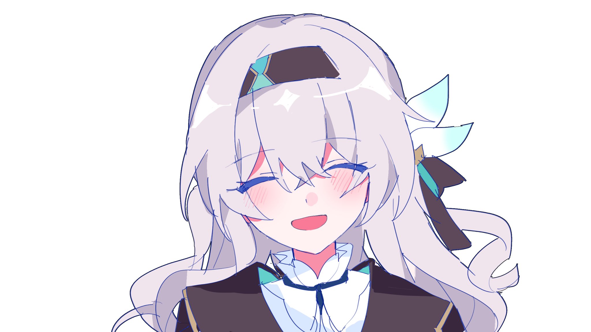 j96s5k, firefly (honkai: star rail), honkai: star rail, honkai (series), highres, 1girl, blush, brown hairband, brown jacket, brown ribbon, closed eyes, collared shirt, grey hair, hair between eyes, hair intakes, hair ornament, hair ribbon, hairband, jacket, long hair, open mouth, ribbon, shirt, simple background, smile, solo, white background, white shirt