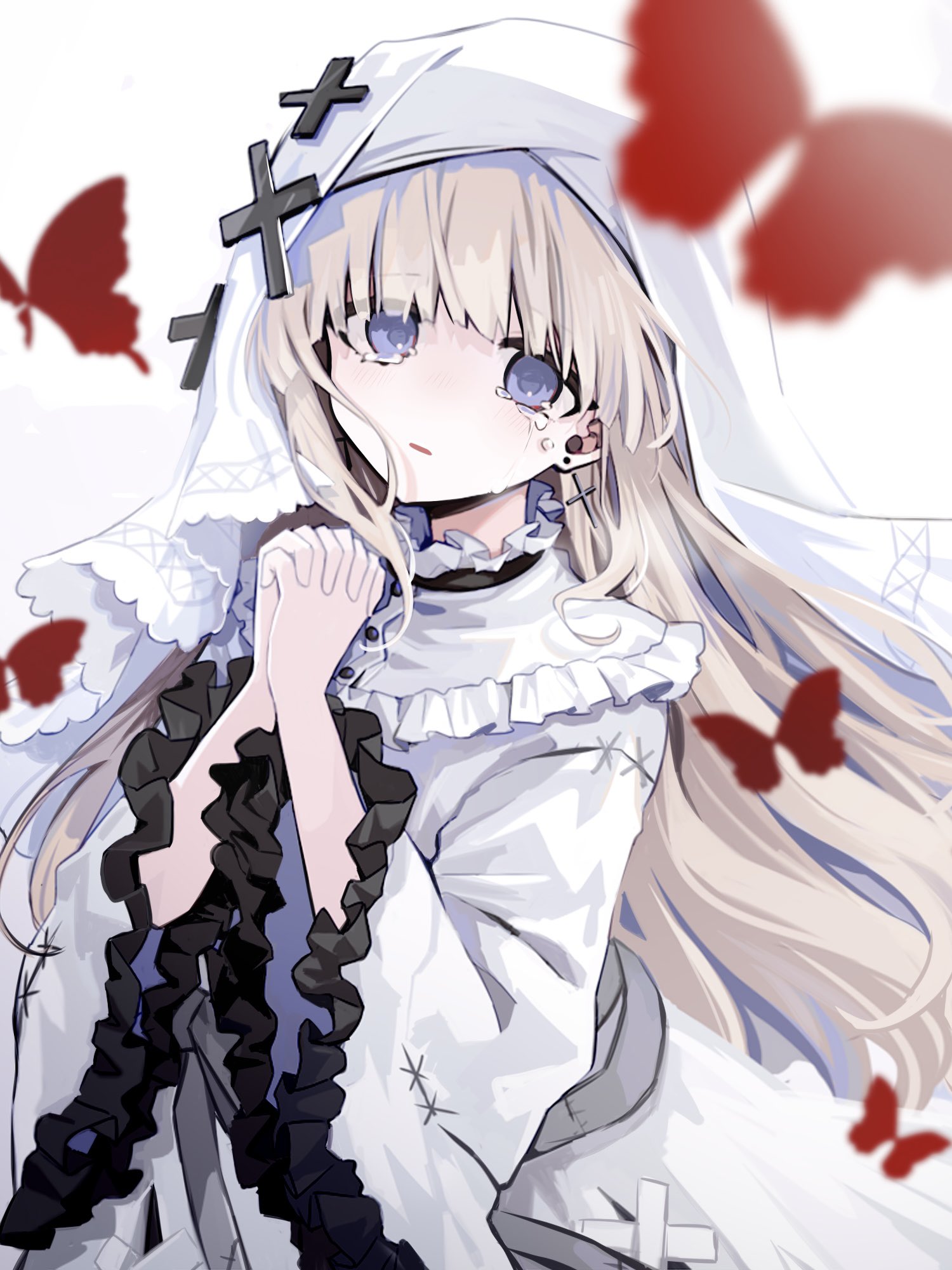 shion (yuyu3113), hikami meruru, mahou shoujo no majo saiban, hashtag-only commentary, highres, 1girl, blonde hair, bug, butterfly, cowboy shot, cross, cross earrings, crying, crying with eyes open, dress, earrings, frilled dress, frilled sleeves, frills, hands up, insect, interlocked fingers, jewelry, long hair, long sleeves, looking at viewer, magical girl, open mouth, own hands together, purple eyes, red butterfly, solo, standing, tears, veil, white background, white dress, white veil