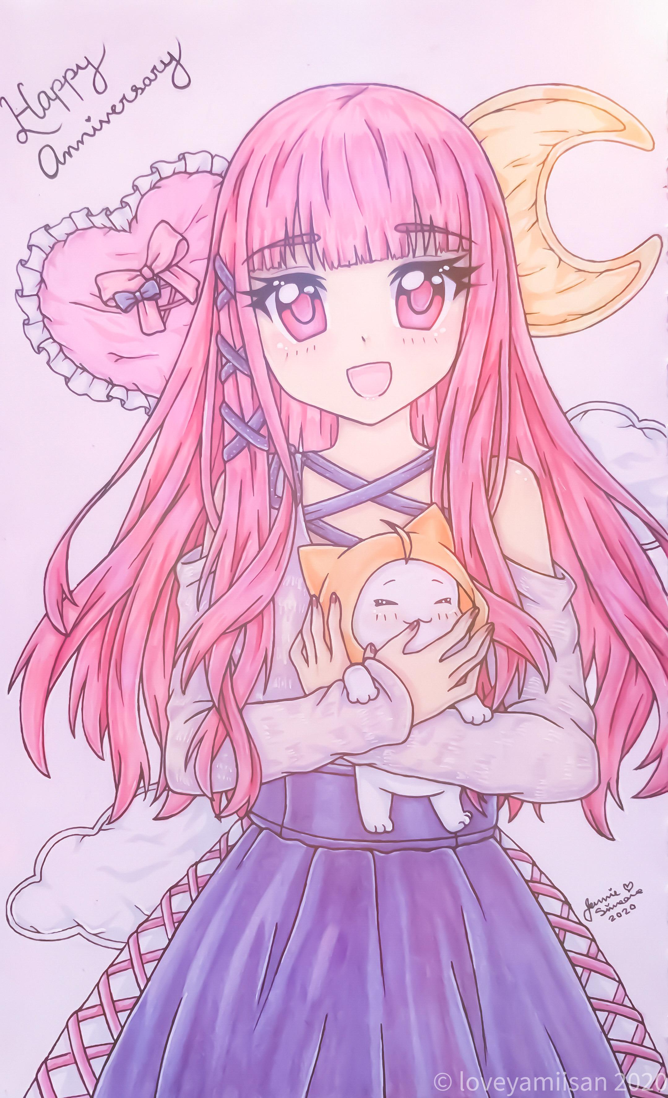 momo (nikki), nikki (nikki), miracle nikki, nikki (series), absurdres, chinese commentary, commentary, commentary request, english commentary, highres, mixed-language commentary, traditional media, 1girl, 2020, ^ ^, ahoge, animal, bare shoulders, blunt bangs, cat, cloak, closed eyes, clothed animal, cloud, cowboy shot, crescent moon, criss-cross straps, cross-laced clothes, cross-laced dress, dot nose, dress, ear covers, english text, eyelashes, eyeshadow, grey jacket, hair ribbon, happy, happy anniversary, heart, heart-shaped pillow, holding, holding animal, holding cat, hood, hood up, hooded cloak, instagram username, jacket, light blush, long hair, long sidelocks, long sleeves, looking at viewer, makeup, mark of youth (miracle nikki), moon, nail polish, open clothes, open jacket, open mouth, pillow, pink eyes, pink eyeshadow, pink hair, pink nails, pink pupils, pleated dress, purple dress, purple ribbon, ribbon, sidelocks, signature, sleeveless, sleeveless dress, smile, standing, tareme, tress ribbon, very long hair, watermark, white cat, yamisaan, yellow cloak
