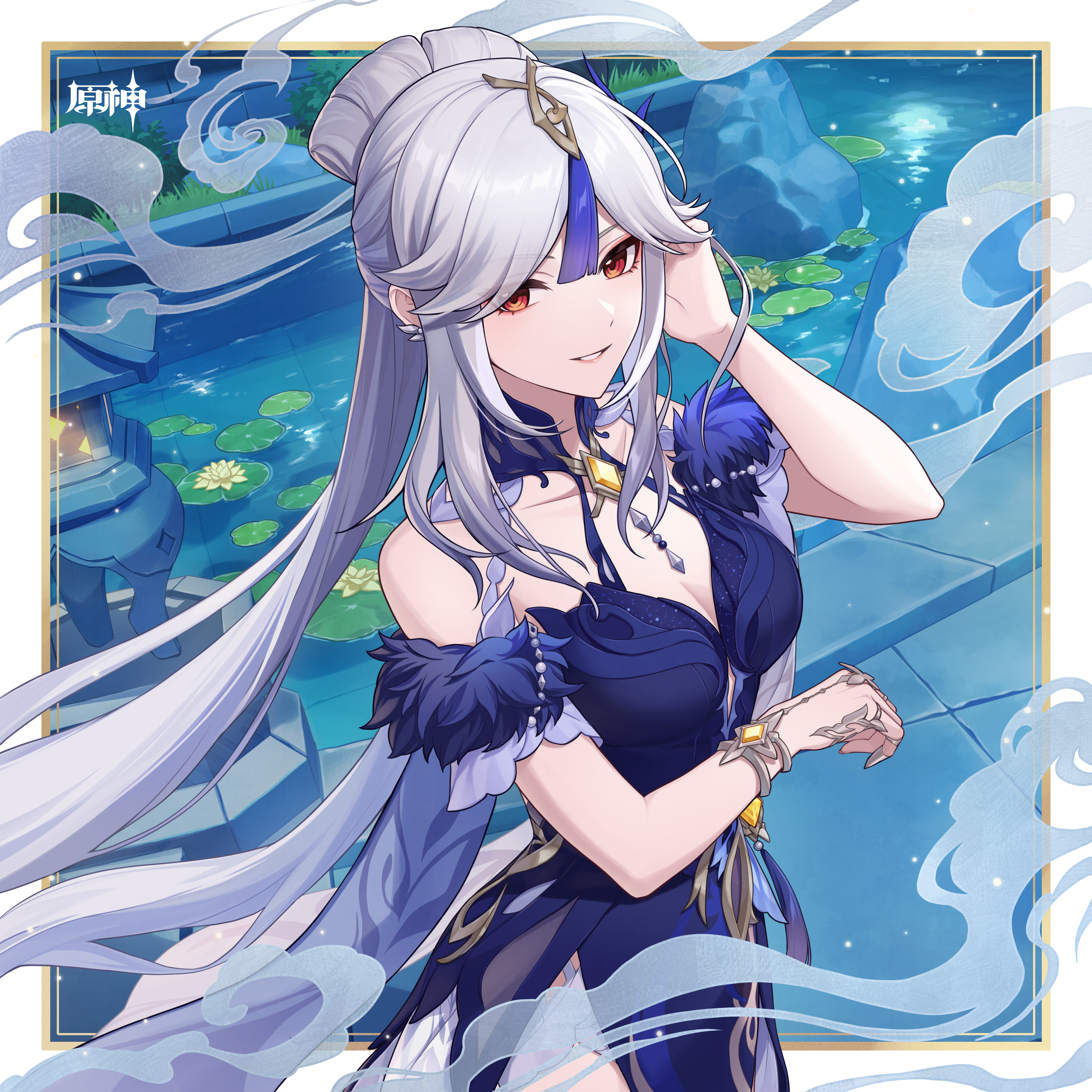 ningguang (genshin impact), ningguang (orchid's evening gown) (genshin impact), genshin impact, absurdres, chinese commentary, highres, official art, 1girl, bare shoulders, blue dress, breasts, china dress, chinese clothes, claw ring, cleavage, dress, fur-trimmed sleeves, fur trim, grey hair, hair ornament, jewelry, long hair, looking at viewer, official alternate costume, outdoors, parted bangs, parted lips, red eyes, short sleeves, smile, solo, tassel, tassel hair ornament, very long hair