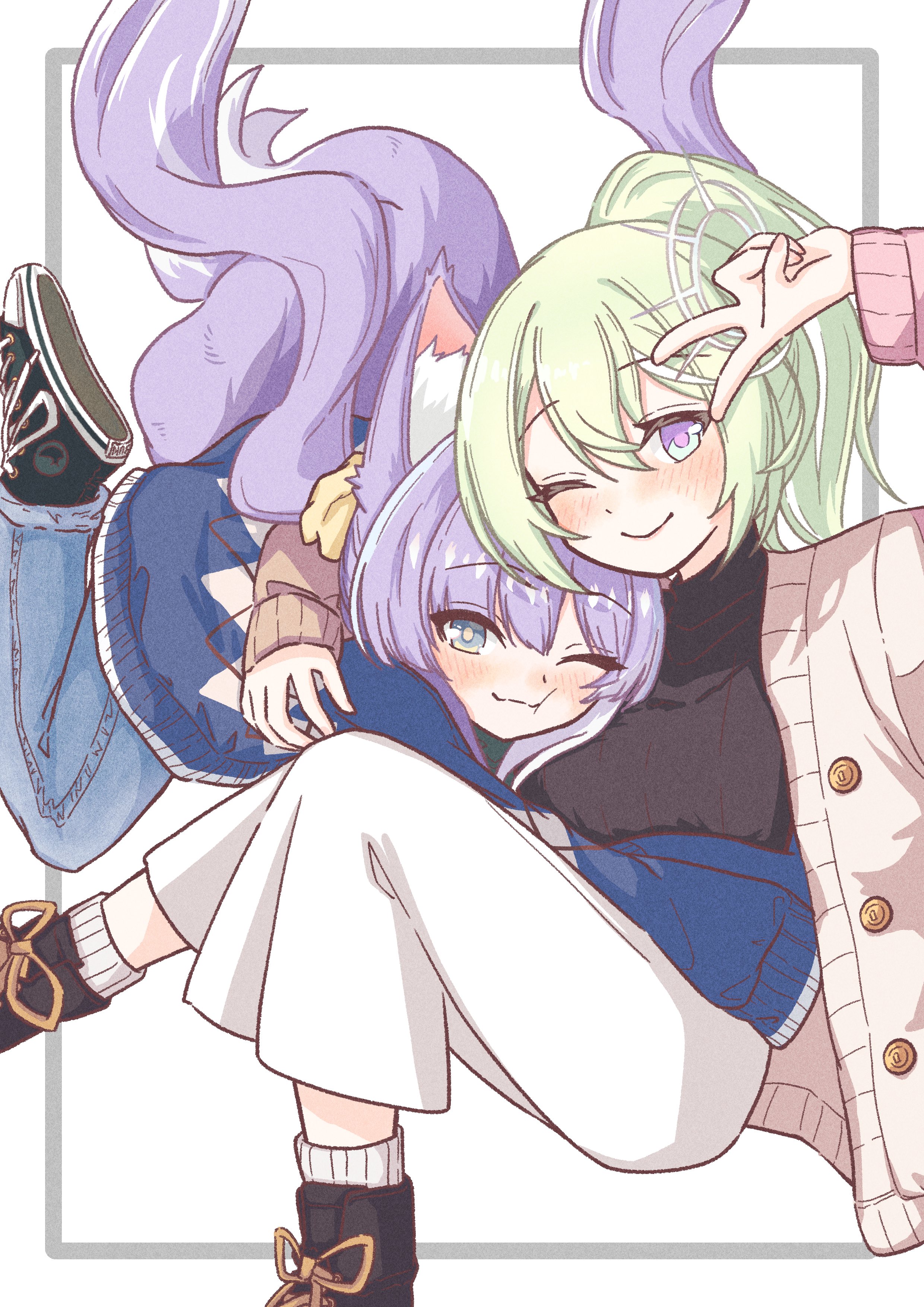 chaeeunhan124, tenko shibuki, yuzuha riko, converse, stellive, absurdres, commentary request, highres, korean commentary, 2girls, :i, animal ear fluff, animal ears, arm up, black shoes, black sweater, blue eyes, blue pants, blue sweater, blush, brown cardigan, cardigan, closed mouth, denim, dot nose, double-parted bangs, film grain, floating hair, green hair, hair between eyes, hug, jeans, long bangs, long hair, long sleeves, multiple girls, one eye closed, open cardigan, open clothes, pants, purple eyes, purple hair, shoes, simple background, smile, socks, sweater, tail, turtleneck, turtleneck sweater, twintails, v, v over head, virtual youtuber, white background, white pants, white socks