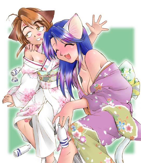 ebifly, 2girls, ahoge, alcohol, animal ears, arm around shoulder, blue hair, blush, bottle, breasts, brown hair, cat ears, cat girl, cat tail, cleavage, closed eyes, collarbone, drunk, fang, floral print, green background, grin, japanese clothes, kimono, lipstick mark, long hair, long sleeves, looking to the side, medium breasts, multiple girls, obi, open mouth, print kimono, purple kimono, sake, sake bottle, sash, short hair, sitting, smile, socks, tail, teeth, white kimono, white socks, wide sleeves, yellow eyes, yuri