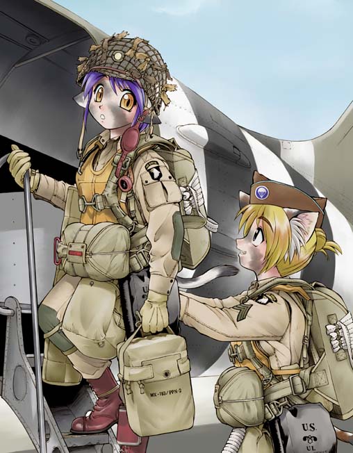 ebifly, brown headwear, green headwear, 2girls, aircraft, airplane, animal ears, backpack, bag, blonde hair, brown eyes, bulletproof vest, cat ears, cat girl, cat tail, combat helmet, gloves, green gloves, green pants, green shirt, hat, helmet, holding, long sleeves, looking back, military, military hat, military uniform, multiple girls, pants, parted lips, ponytail, purple hair, shirt, short hair, smile, tail, teeth, united states, world war ii, yellow eyes