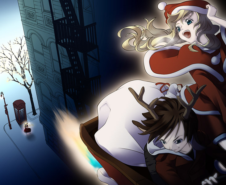 delucken, tomiwo, animal ears, blonde hair, brown hair, capelet, christmas, deer ears, flying, green eyes, heterochromia, santa costume, sleigh