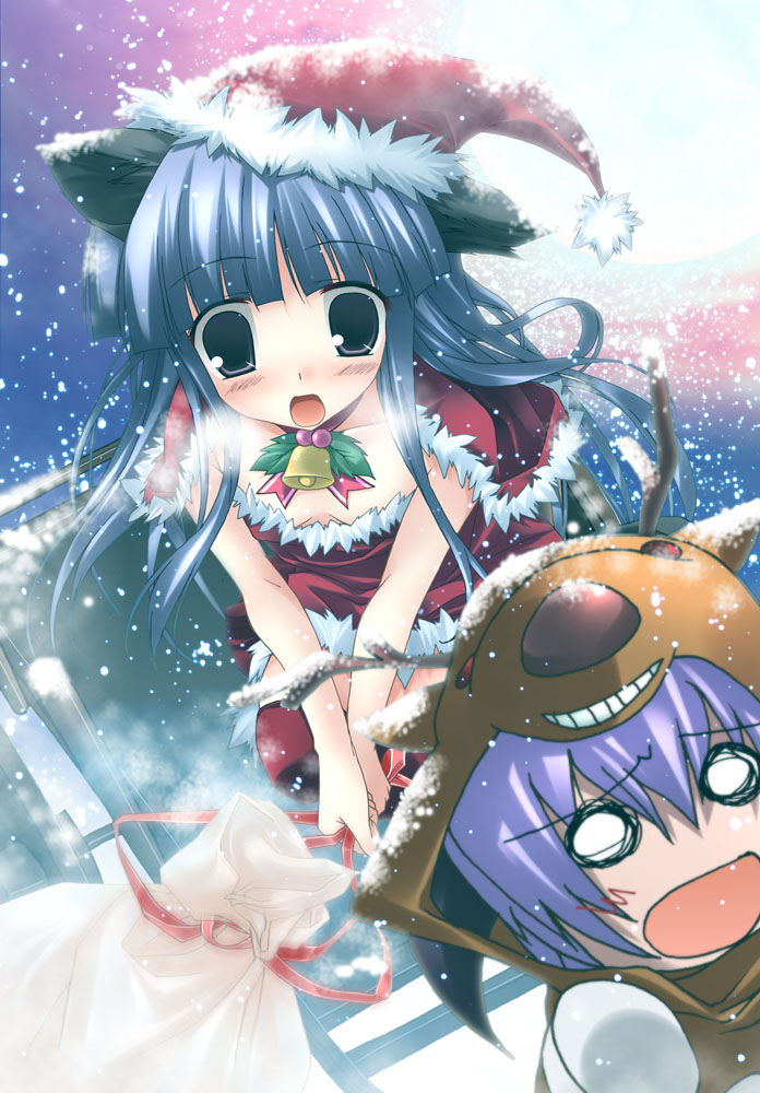 tororo (toriaezu), furude rika, hanyuu, higurashi no naku koro ni, 00s, 2girls, animal costume, animal ears, antlers, bare arms, bell, blue eyes, blue hair, blunt bangs, blush, breath, christmas, collar, dog ears, full moon, hat, holly, horns, long hair, moon, multiple girls, neck bell, night, night sky, o o, reindeer costume, sack, santa costume, santa hat, sky, snow, snowing, thighhighs, winter