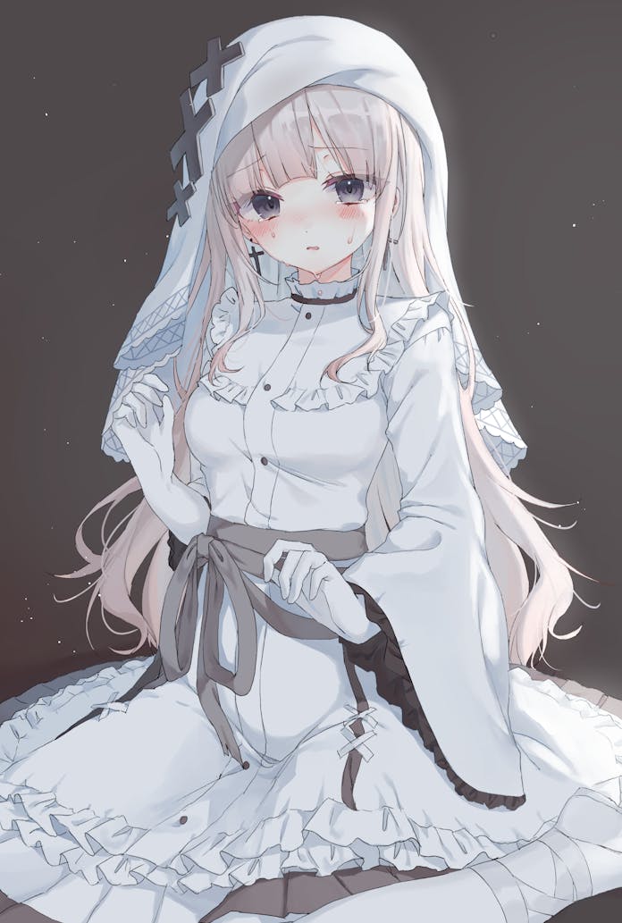 riri (ri0177), hikami meruru, mahou shoujo no majo saiban, commentary request, commission, skeb commission, 1girl, blonde hair, blunt bangs, blush, breasts, cross, cross earrings, dress, earrings, frilled dress, frilled sleeves, frills, gloves, grey eyes, jewelry, light particles, long hair, long sleeves, looking at viewer, magical girl, medium breasts, open mouth, pantyhose, priestess, shoes, sitting, solo, sweatdrop, wariza, white dress, white gloves, white pantyhose, white shoes, wide sleeves