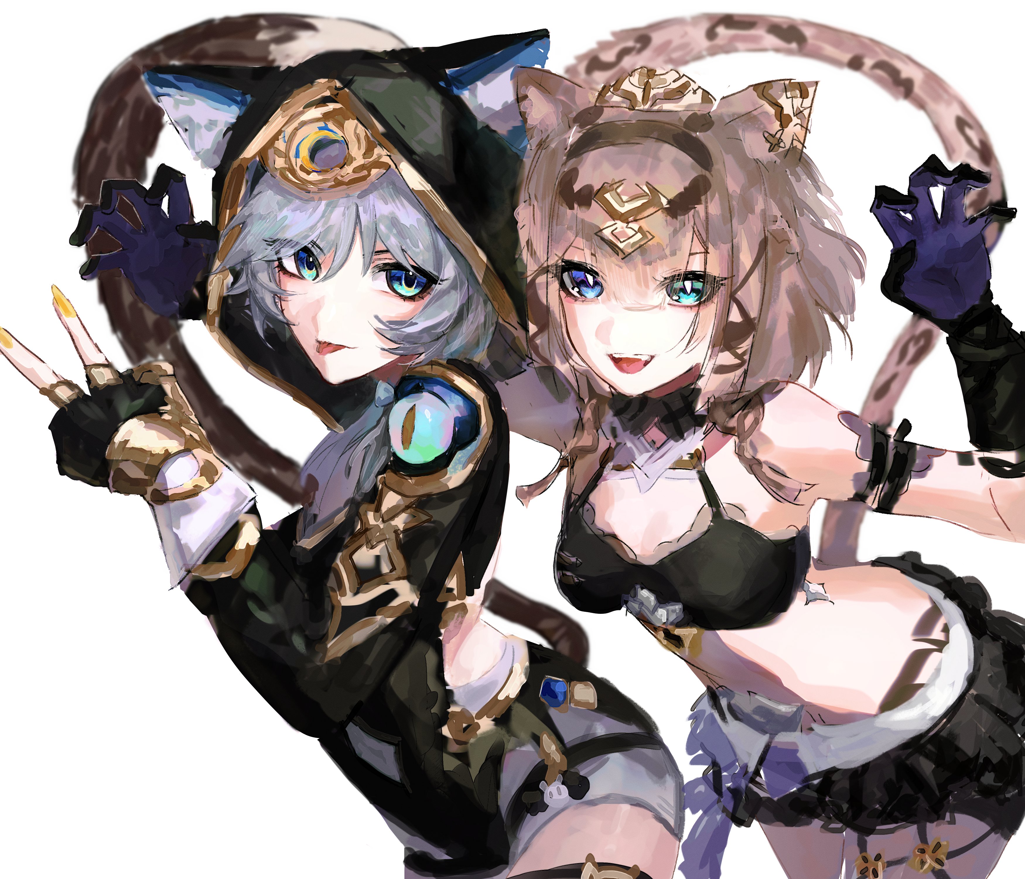 cipher (honkai: star rail), pardofelis, pardofelis (reverist calico), honkai: star rail, honkai (series), honkai impact 3rd, absurdres, commentary, english commentary, highres, 2girls, animal ear fluff, animal ears, animal hood, bikini, bikini top only, black bikini, black gloves, black leotard, black shorts, blue eyes, breasts, brown hair, cat ears, cat girl, cat hood, cat tail, company connection, fingerless gloves, gloves, green eyes, grey hair, hetero, hood, leotard, medium breasts, multiple girls, open clothes, short hair with long locks, shorts, simple background, stomach, swimsuit, tail, tongue, tongue out, trait connection, v, vodarii, white background