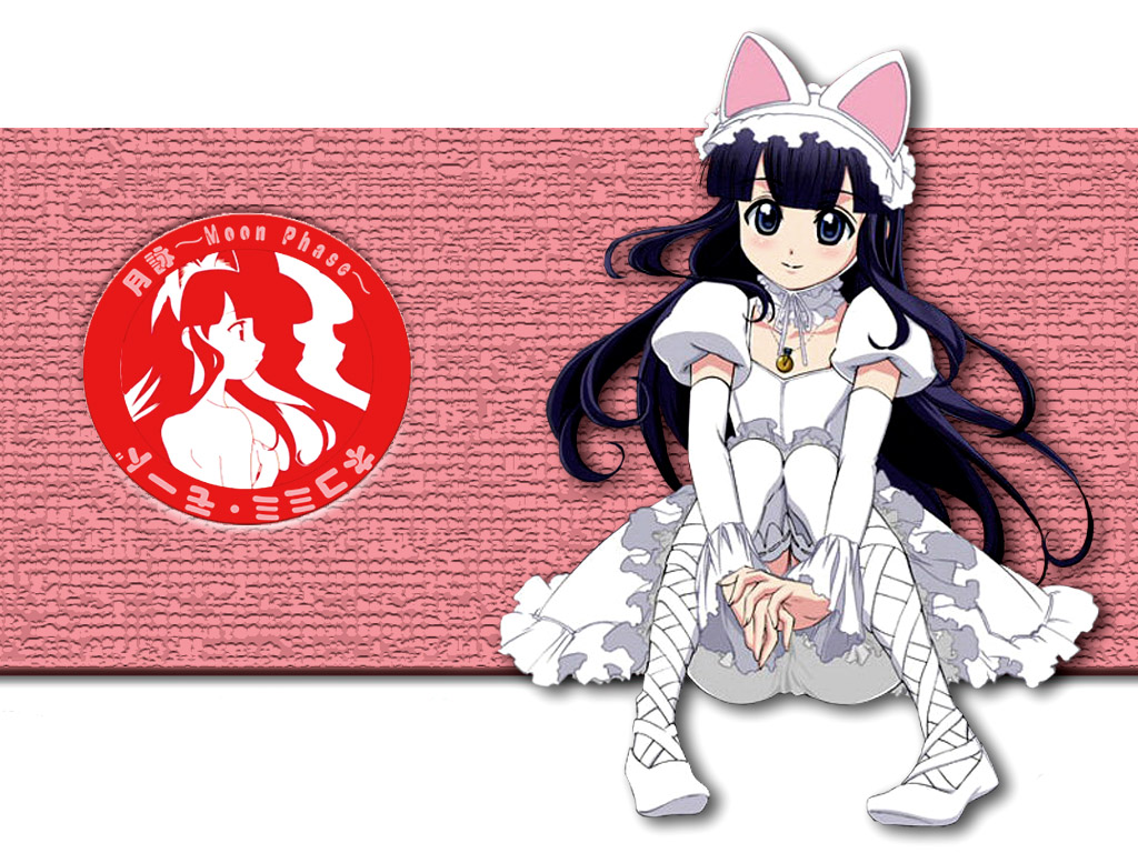 hazuki (tsukuyomi), tsukuyomi moonphase, white footwear, 00s, 1girl, animal ears, black hair, blue eyes, blush, boots, cat ears, cat girl, choker, collarbone, detached sleeves, hairband, jewelry, lolita fashion, long hair, long sleeves, looking at viewer, necklace, puffy sleeves, shirt, short sleeves, sitting, smile, thighhighs, white shirt, white thighhighs