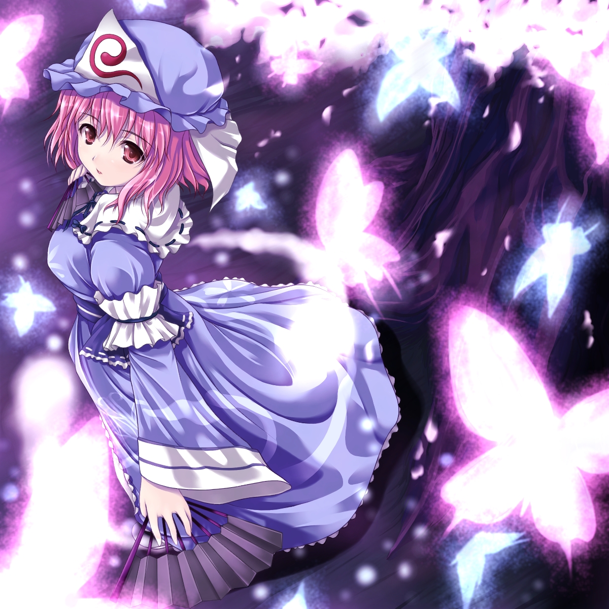 uni8, saigyouji yuyuko, touhou, highres, 1girl, breasts, bug, butterfly, dress, female focus, folding fan, hand fan, hat, pink eyes, pink hair, short hair, solo