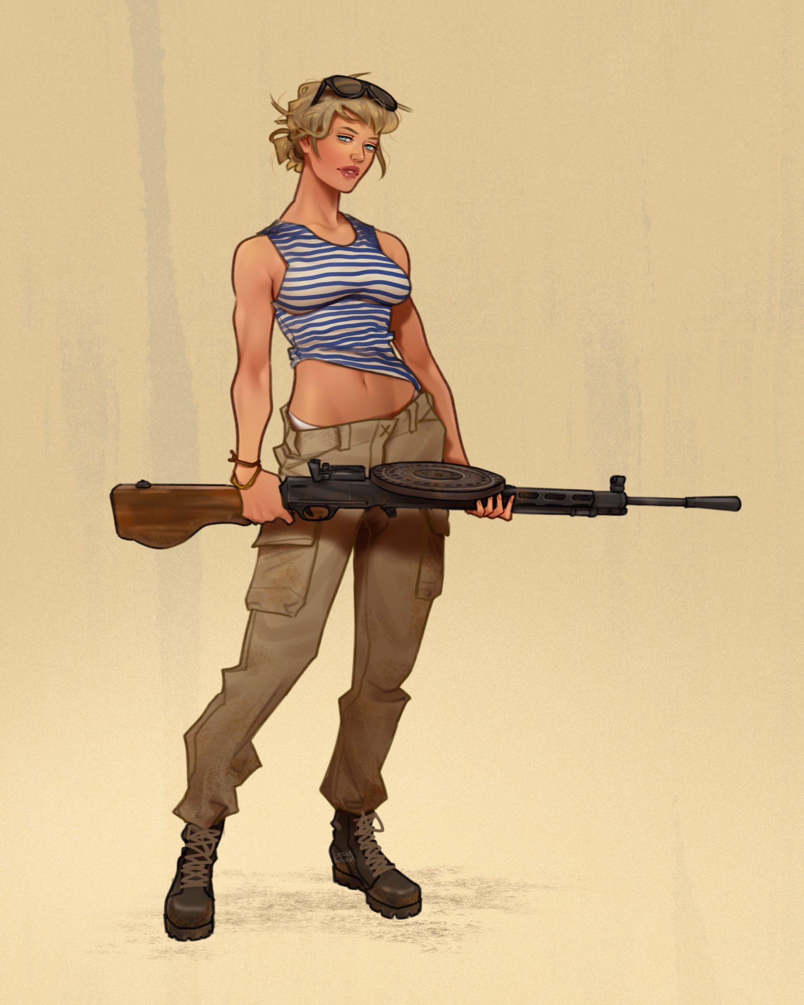 deltamagna, original, highres, 1girl, blonde hair, boots, dp-27, eyewear on head, gun, holding, holding weapon, light machine gun, looking at viewer, machine gun, midriff peek, military uniform, pants, shirt, simple background, solo, solo focus, standing, sunglasses, weapon