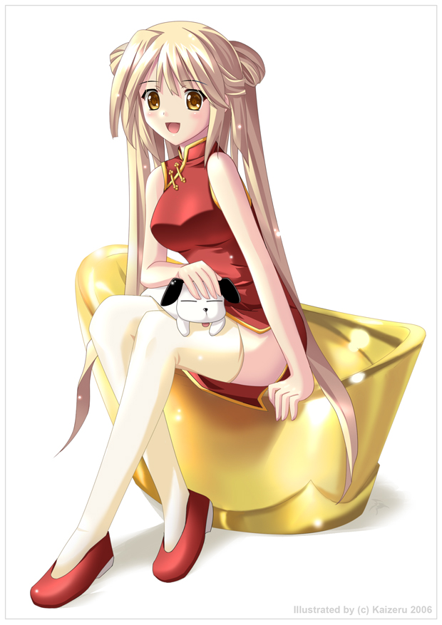kaizaru, baby animal, blonde hair, brown hair, china dress, chinese clothes, dog, dress, long hair, pet, puppy, red shoes, shoes, sitting, solo, thighhighs, twintails, yellow eyes