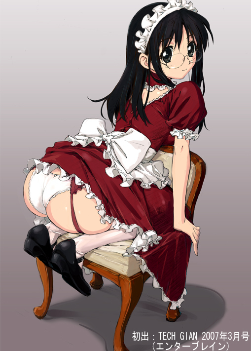tech gian, ass, black hair, glasses, long hair, maid, panties, solo, thighhighs, underwear
