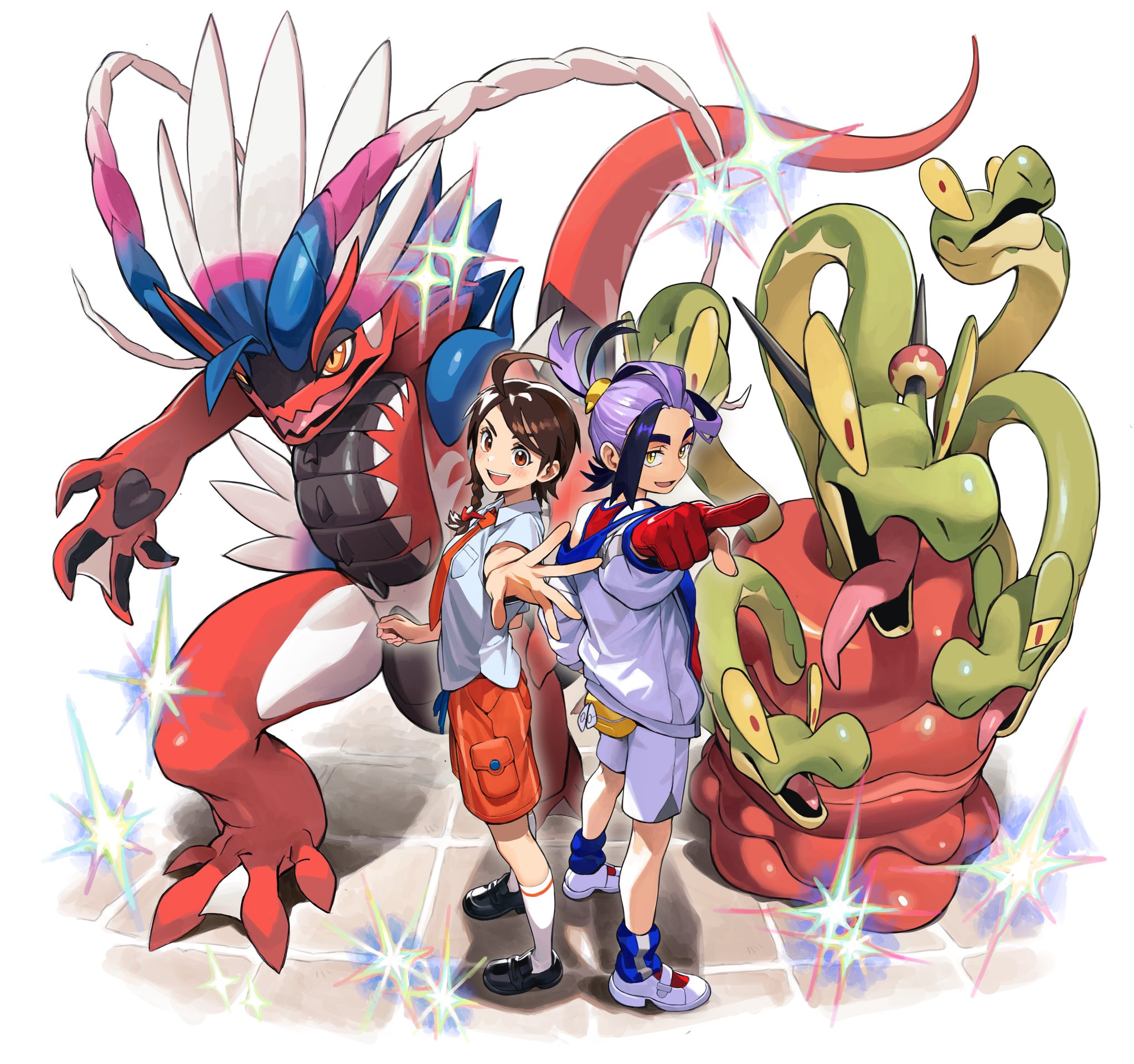 knifedragon, hydrapple, juliana (pokemon), kieran (pokemon), koraidon, nintendo, pokemon, pokemon masters ex, pokemon sv, commentary, english commentary, highres, 1boy, 1girl, black hair, black shoes, blue socks, braid, brown hair, collared shirt, colored sclera, gloves, jacket, looking at viewer, naranja academy school uniform, necktie, open mouth, orange necktie, orange shorts, partially fingerless gloves, pointing, pointing at viewer, pokemon (creature), purple hair, red eyes, red gloves, red tank top, school uniform, shirt, shoes, shorts, simple background, socks, sparkle, standing, tank top, tongue, white background, white jacket, white shirt, white shoes, white socks, yellow bag, yellow eyes, yellow sclera