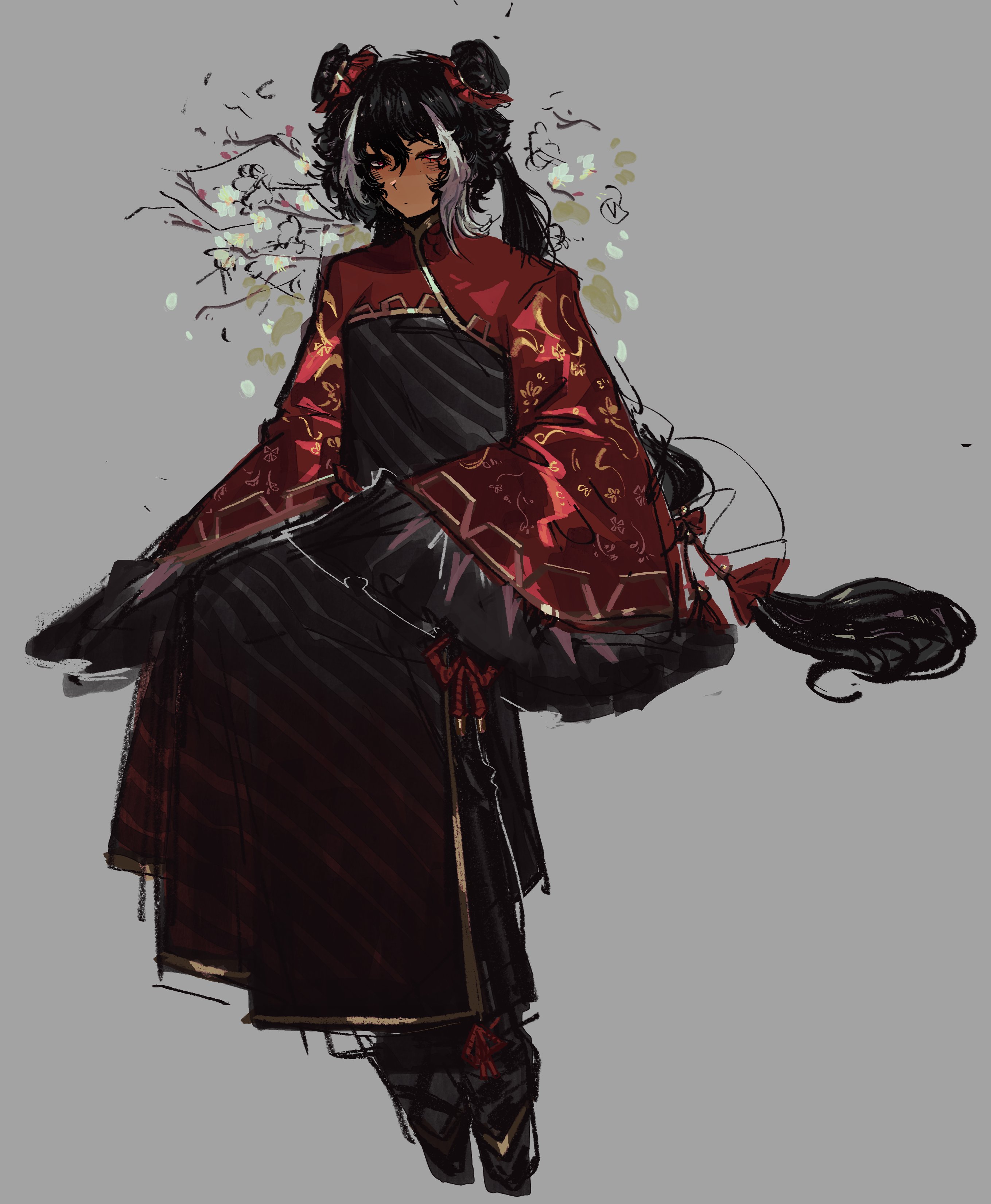 lycanthix, jia xichun (project moon), limbus company, project moon, absurdres, highres, 1girl, black dress, black hair, black shoes, chinese clothes, double bun, dress, full body, grey background, hair bun, long hair, long sleeves, looking at viewer, multicolored hair, pink eyes, red shrug, shoes, simple background, sitting, solo, streaked hair, twintails, white hair, white streaks