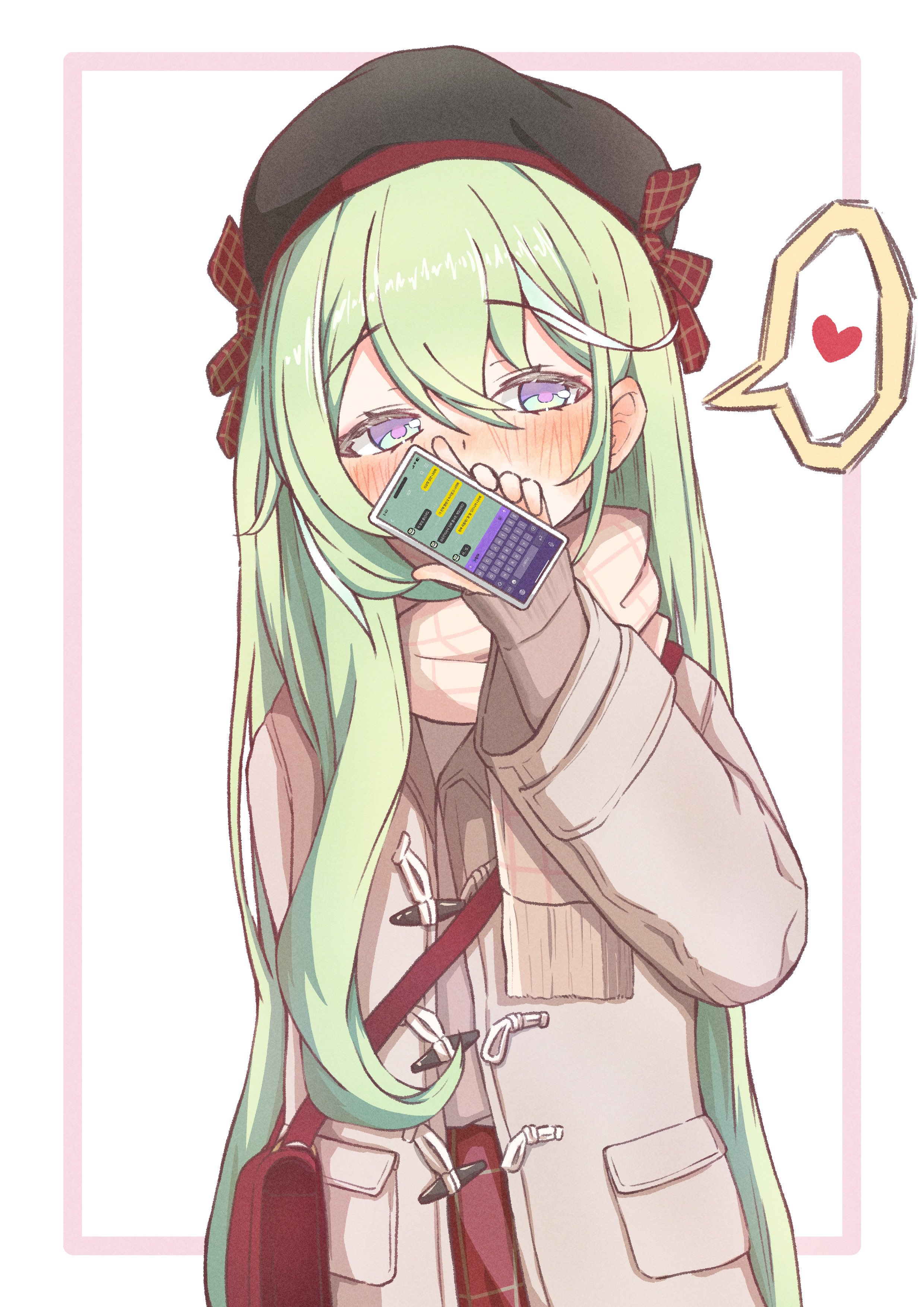 chaeeunhan124, yuzuha riko, stellive, absurdres, commentary request, highres, korean commentary, 1girl, bag, beret, black hat, blush, bow, cellphone, coat, covering own mouth, cowboy shot, film grain, green hair, grey coat, grey sweater, hair between eyes, hand up, hat, hat bow, heart, holding, holding phone, long bangs, long hair, long sleeves, multicolored hair, nose blush, open clothes, open coat, phone, plaid bow, purple eyes, red bag, red bow, scarf, shoulder bag, simple background, smartphone, solo, speech bubble, spoken heart, standing, straight hair, streaked hair, sweater, trench coat, very long hair, virtual youtuber, white background, white streaks, winter clothes, yellow scarf