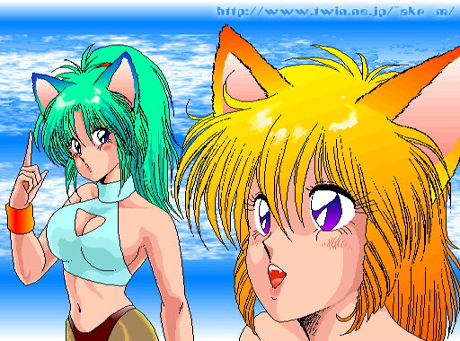 akira m, 2girls, animal ears, blonde hair, blue eyes, blue shirt, blush, breasts, brown pants, cat ears, cat girl, cat tail, cleavage, cleavage cutout, clothing cutout, cloud, fangs, green hair, index finger raised, large breasts, long hair, midriff, multiple girls, navel, open mouth, pants, parted lips, ponytail, purple eyes, shirt, short hair, sky, sleeveless, sleeveless shirt, standing, tail, teeth, wristband
