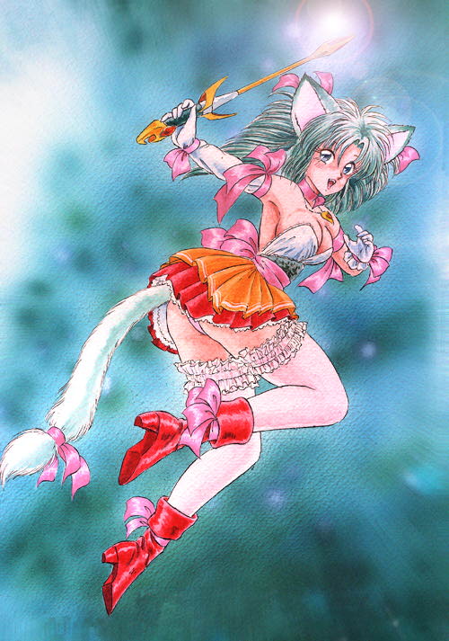 akira m, original, 1990s (style), 1998, 1girl, abstract background, animal ears, armpits, bare shoulders, blue background, blush, boots, bow, cat ears, cat girl, cat tail, choker, dress, drill hair, elbow gloves, fangs, female focus, gloves, grey eyes, grey hair, hair bow, hair ribbon, happy, high heels, jewelry, jumping, layered dress, lens flare, long hair, looking at viewer, looking back, magical girl, necklace, no bra, open mouth, orange dress, panties, panty peek, pink bow, pink panties, pink thighhighs, pleated dress, red boots, red dress, retro artstyle, ribbon, short dress, smile, solo, strapless, strapless dress, tail, tail ornament, tail ribbon, teeth, thighhighs, twin drills, underwear, wand, white gloves